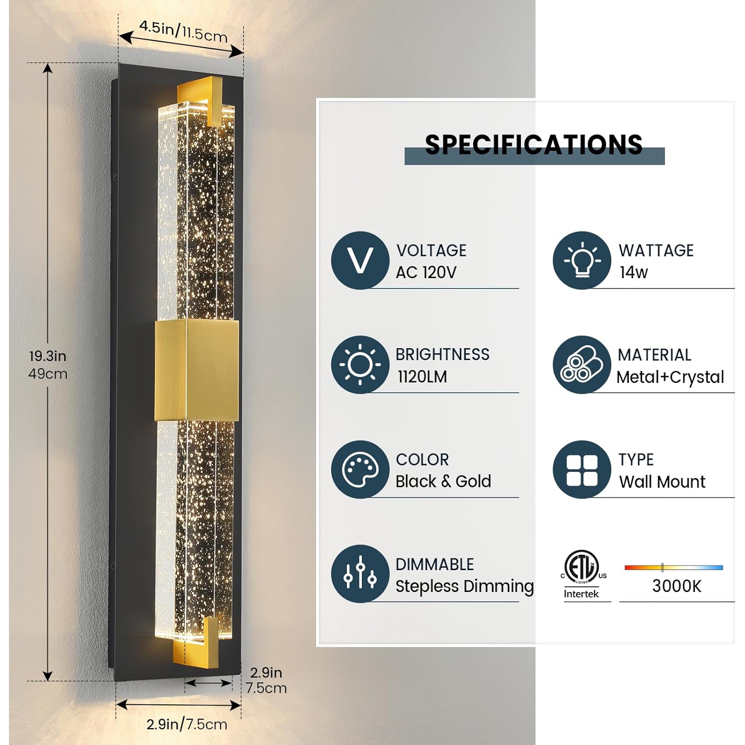 LED Wall Sconce Light: 19 Inch Black & Gold Modern Sconces Wall Lighting 3000K Dimmable Crystal Wall Lamps Indoor Bathroom Sconce Wall Mount Light