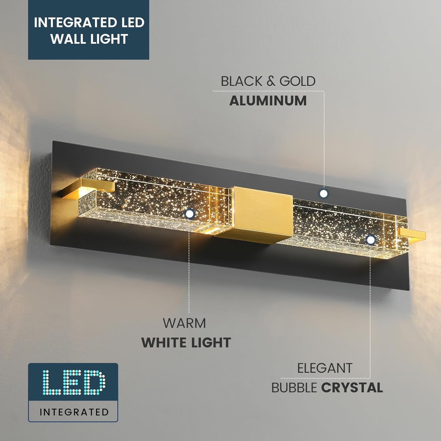 LED Wall Sconce Light: 19 Inch Black & Gold Modern Sconces Wall Lighting 3000K Dimmable Crystal Wall Lamps Indoor Bathroom Sconce Wall Mount Light