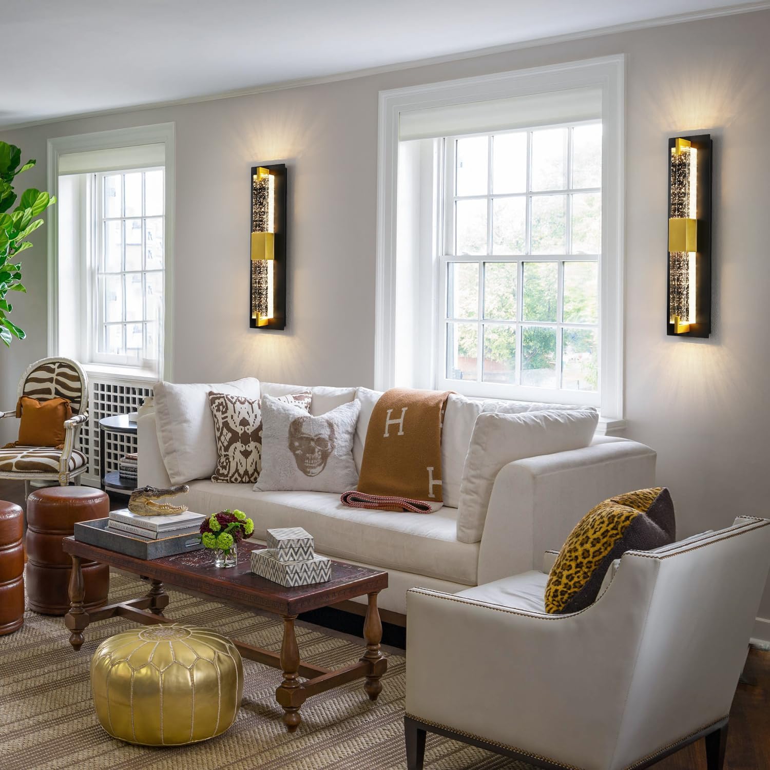 LED Wall Sconce Light: 19 Inch Black & Gold Modern Sconces Wall Lighting 3000K Dimmable Crystal Wall Lamps Indoor Bathroom Sconce Wall Mount Light