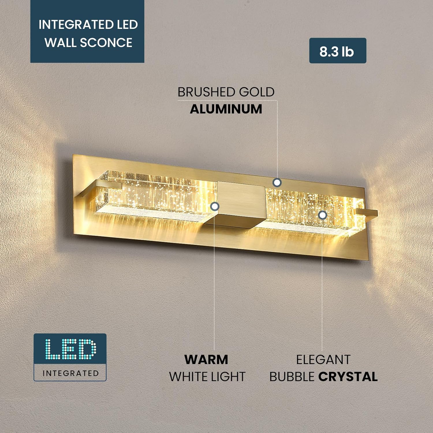 LED Wall Sconce Light: 19 Inch Gold Modern Sconces Wall Lighting 3000K Dimmable Crystal Wall Lamps Indoor Bathroom Sconce Wall Mount Light Fixtures