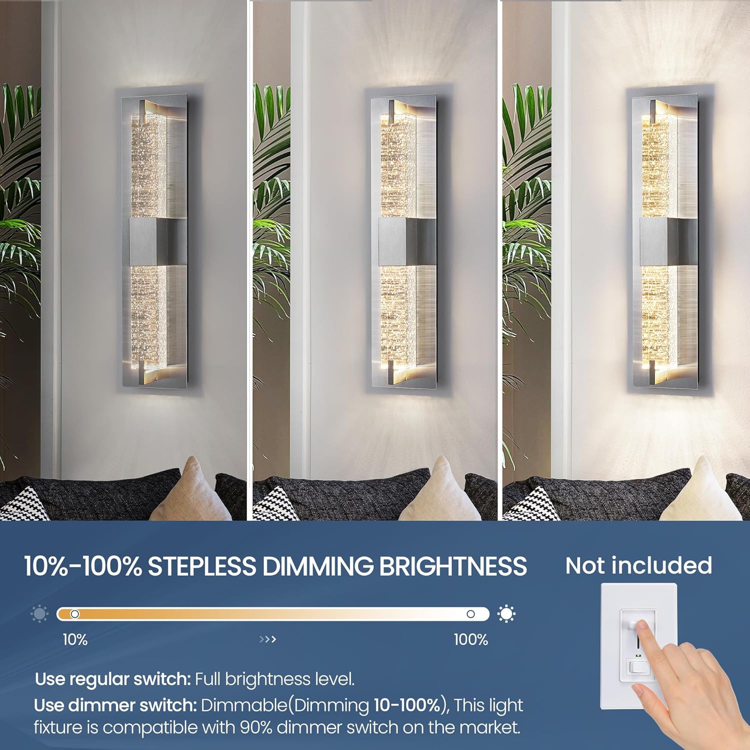 LED Wall Sconce Light: 19 Inch Nickel Modern Sconces Wall Lighting 3000K Dimmable Crystal Wall Lamps Indoor Bathroom Sconce Wall Mount Light Fixtures