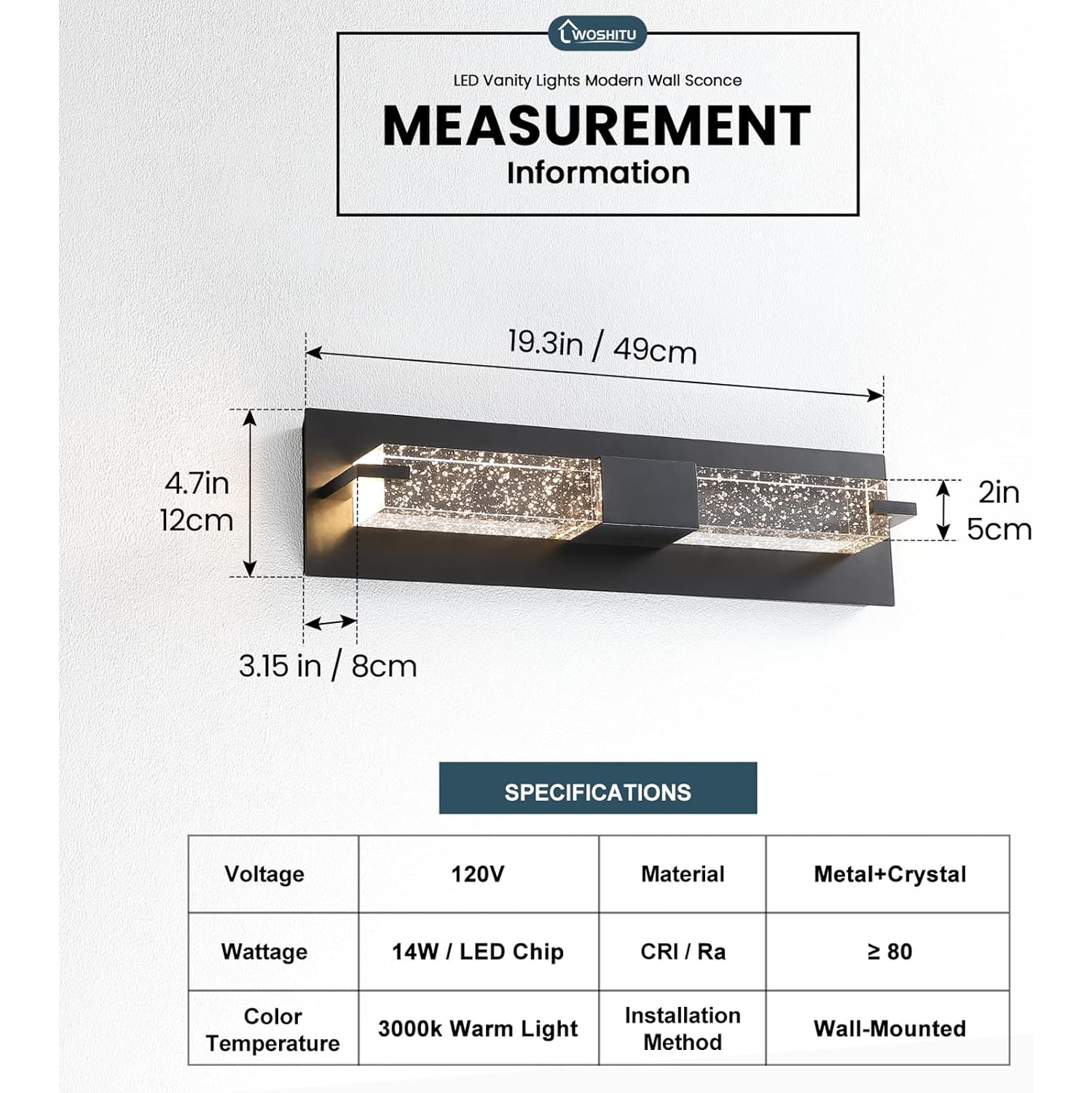 LED Wall Sconce Light: 19 Inch Black Modern Sconces Wall Lighting 3000K Dimmable Crystal Wall Lamps Indoor Bathroom Sconce Wall Mount Light Fixtures