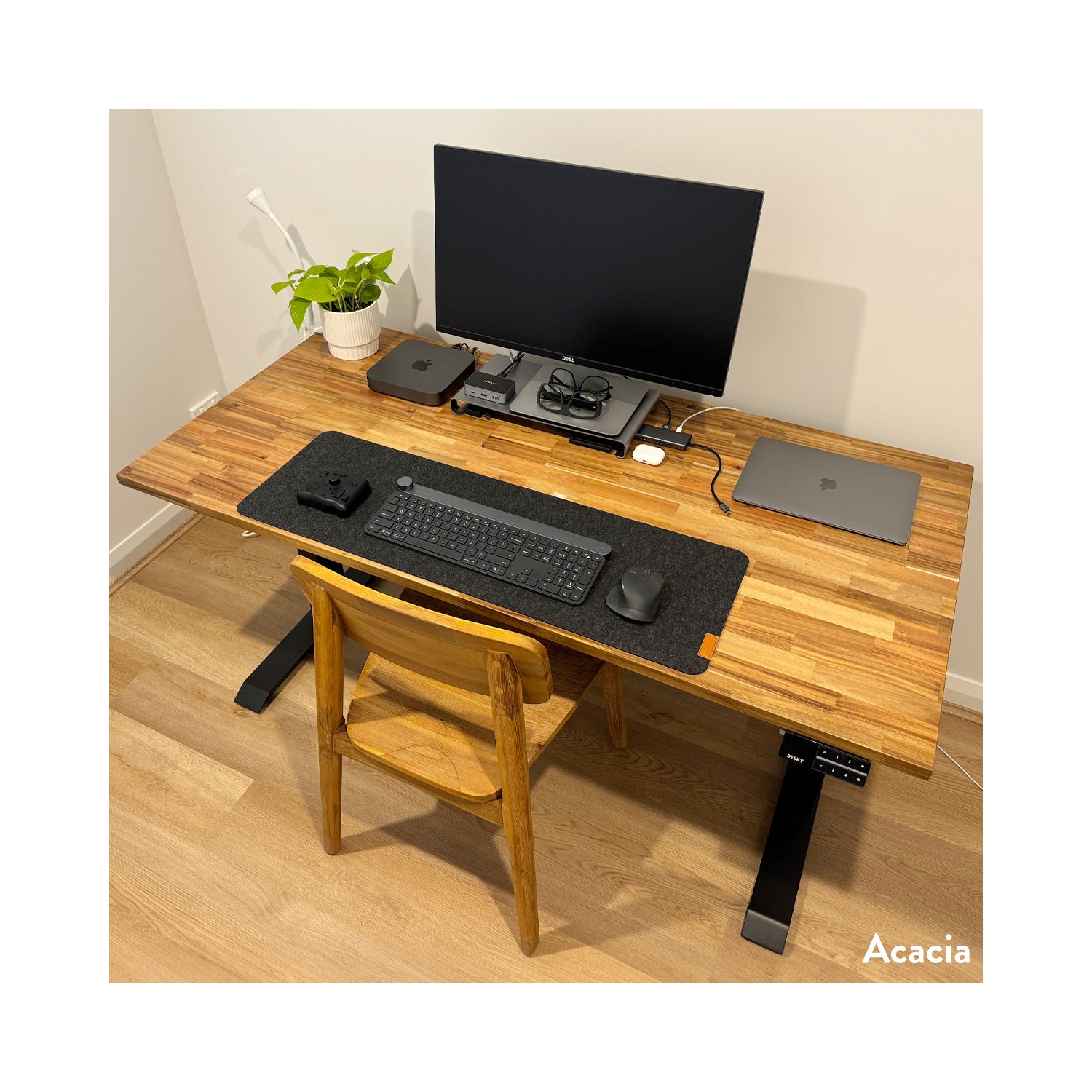 Bureau assis/debout double en bois mou de Desky - Surface en acacia de 72&nbsp;po à 49 moteurs à hauteur maximale de 2&nbsp;po Cadre gris cosmique