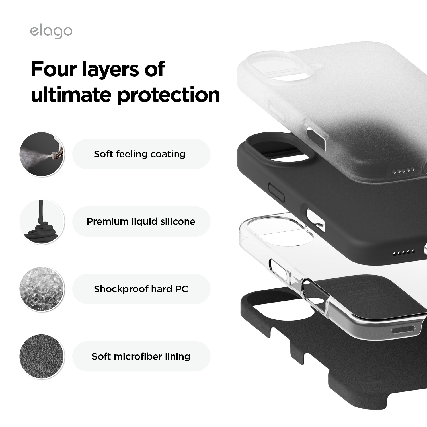 Elago compatible avec l’étui iPhone 16, étui en silicone liquide de qualité supérieure, couverture de protection complète du corps, antichoc,