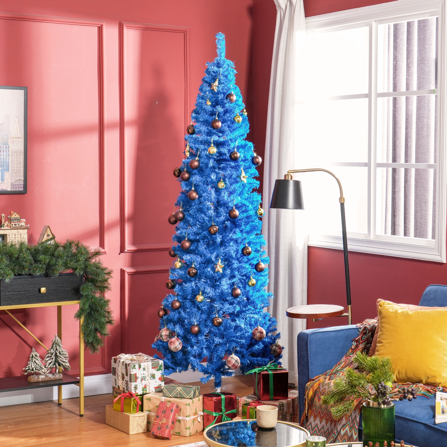 HOMCOM 7FT Artificial Christmas Tree Holiday Xmas Holiday Pencil Tree Decoration with Automatic Open for Home Party, Blue