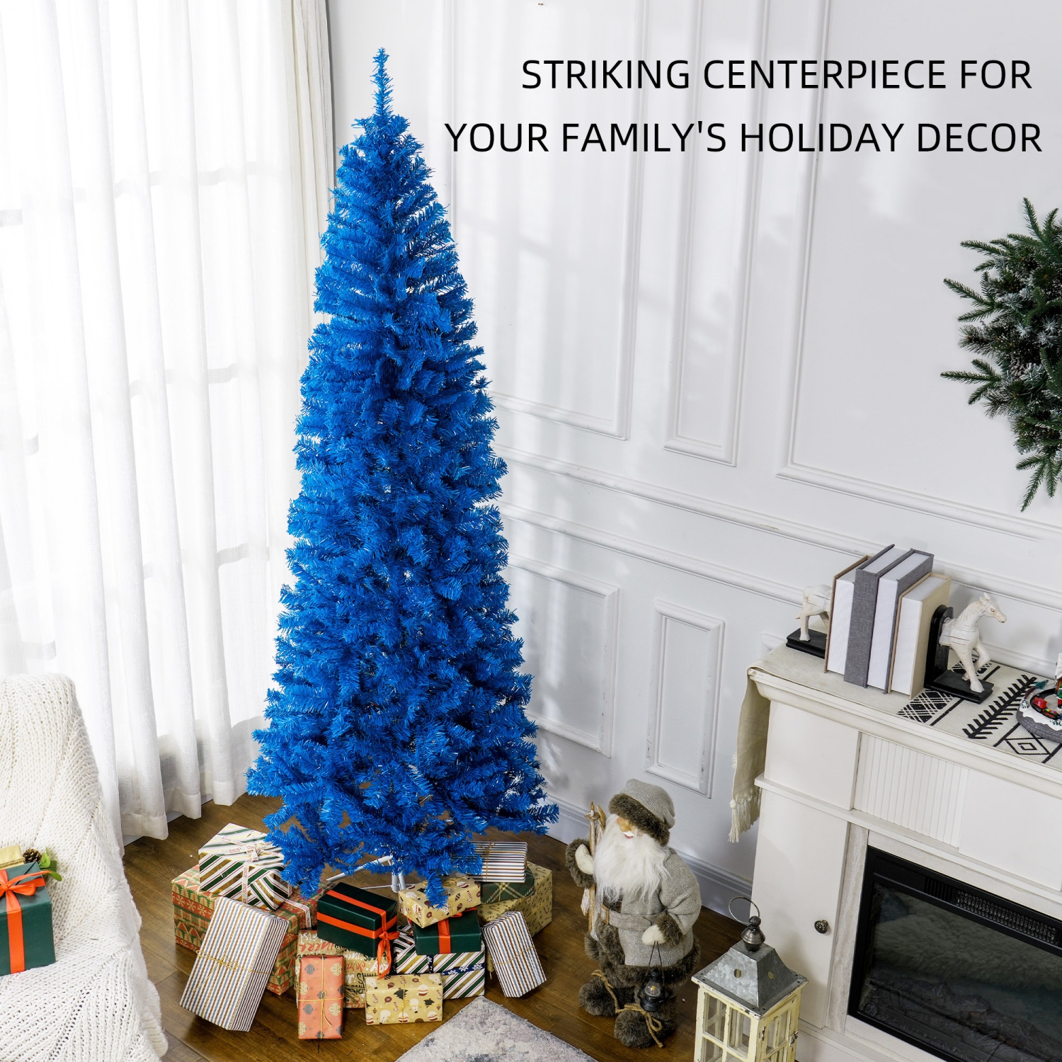 HOMCOM 7FT Artificial Christmas Tree Holiday Xmas Holiday Pencil Tree Decoration with Automatic Open for Home Party, Blue