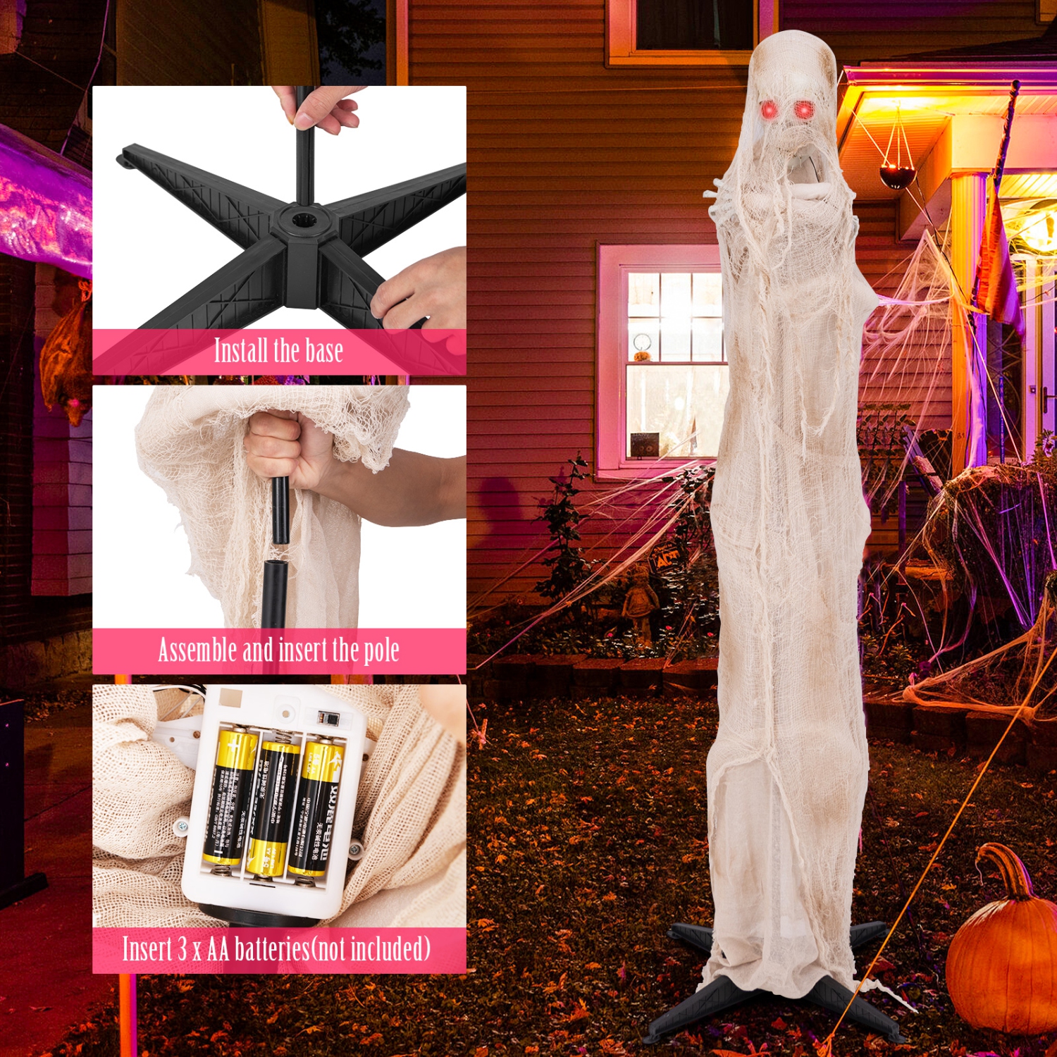 Costway 6FT Halloween Animated Standing Mummy w/ LED Red Glowing Eyes Posable Body