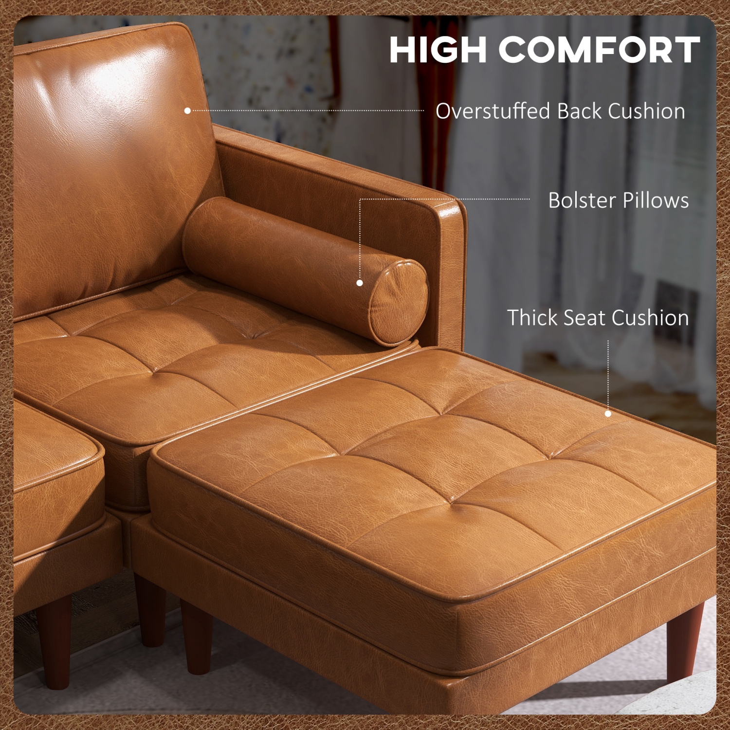 HOMCOM 3-Seater Sectional Sofa with Footstool and 2 Bolster Pillows, L-Shaped Couch with Wooden Legs, Faux Leather Corner Sofa for Living Room,