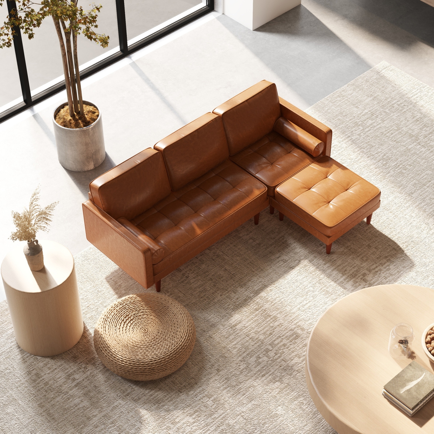 HOMCOM 3-Seater Sectional Sofa with Footstool and 2 Bolster Pillows, L-Shaped Couch with Wooden Legs, Faux Leather Corner Sofa for Living Room,