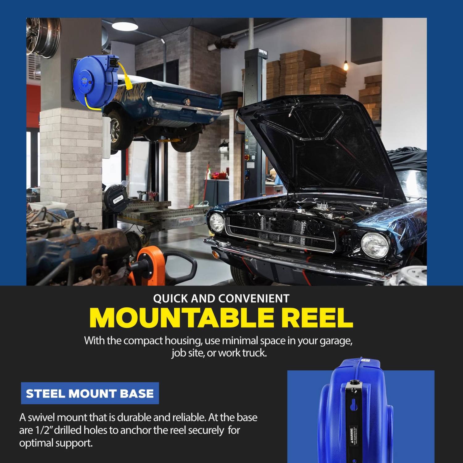 Goodyear – enrouleur de câble d’extension rétractable, 12AWG x 65 pi, 3C/SJT, câble commercial robuste, connecteur à trois prises, alimentation