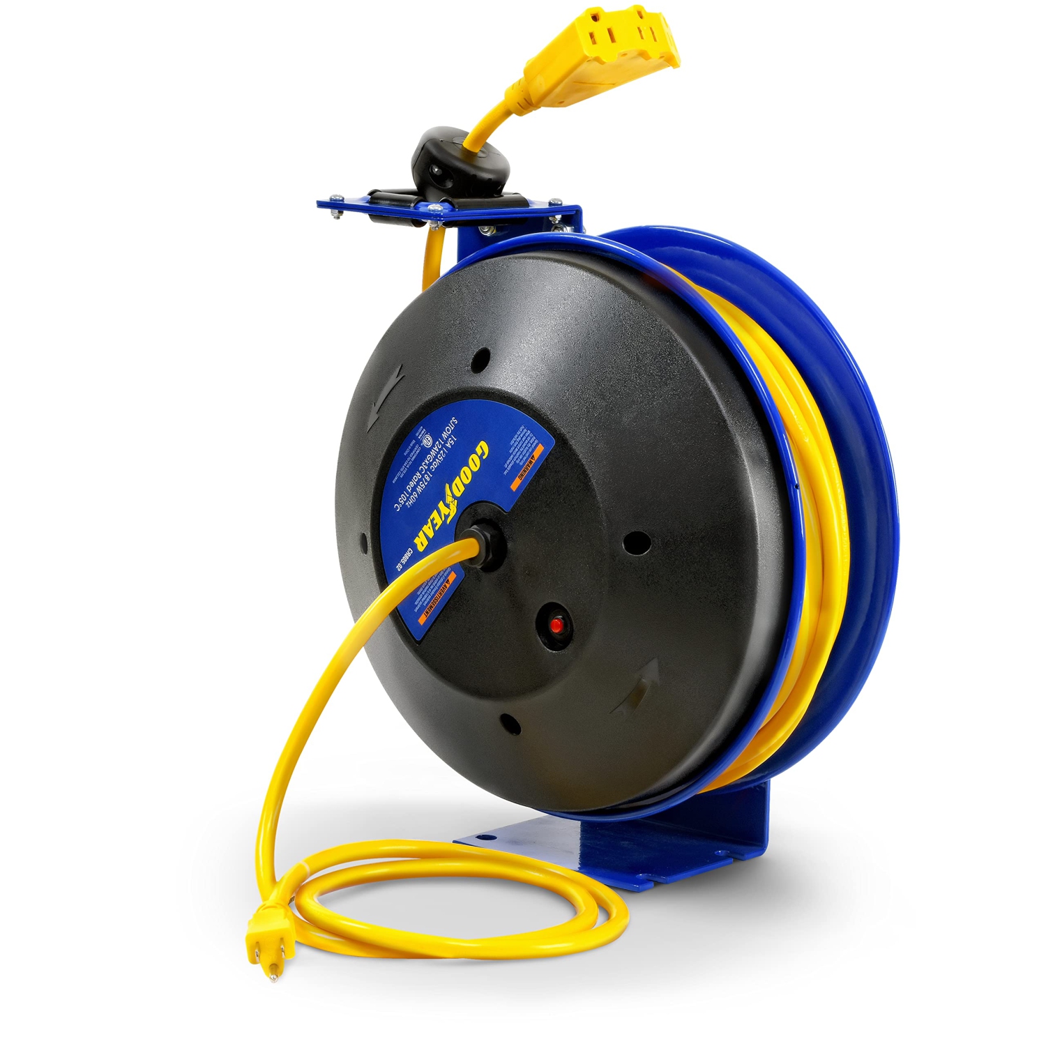 Goodyear Extension Cord Reel Retractable 12AWG x 50' Feet 3C SJTOW Cable Triple Tap Connector Power Rating 125 Volt AC 13 Amp 1625 Watt Industrial