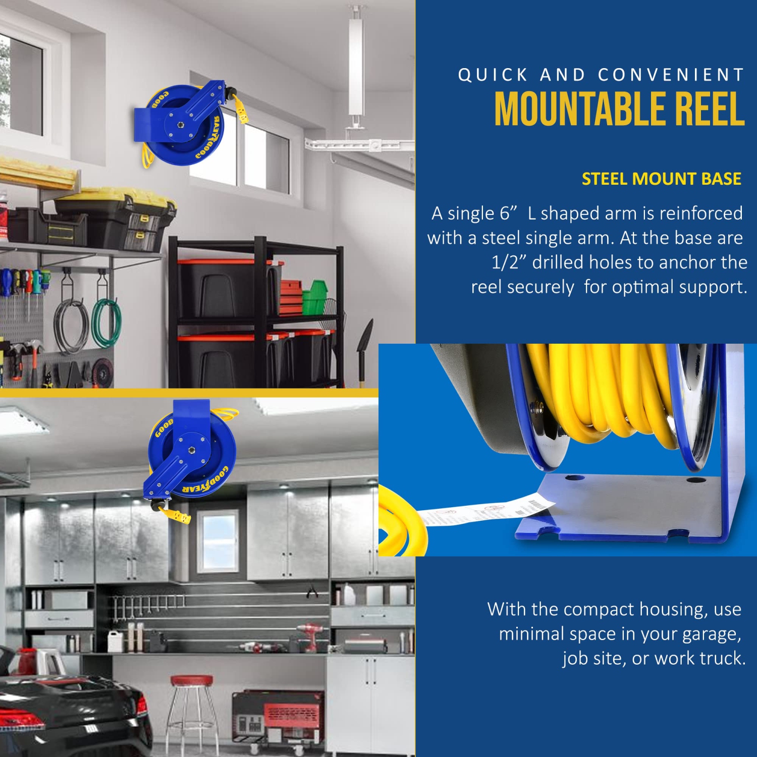 Goodyear Extension Cord Reel Retractable 12AWG x 50' Feet 3C SJTOW Cable Triple Tap Connector Power Rating 125 Volt AC 13 Amp 1625 Watt Industrial