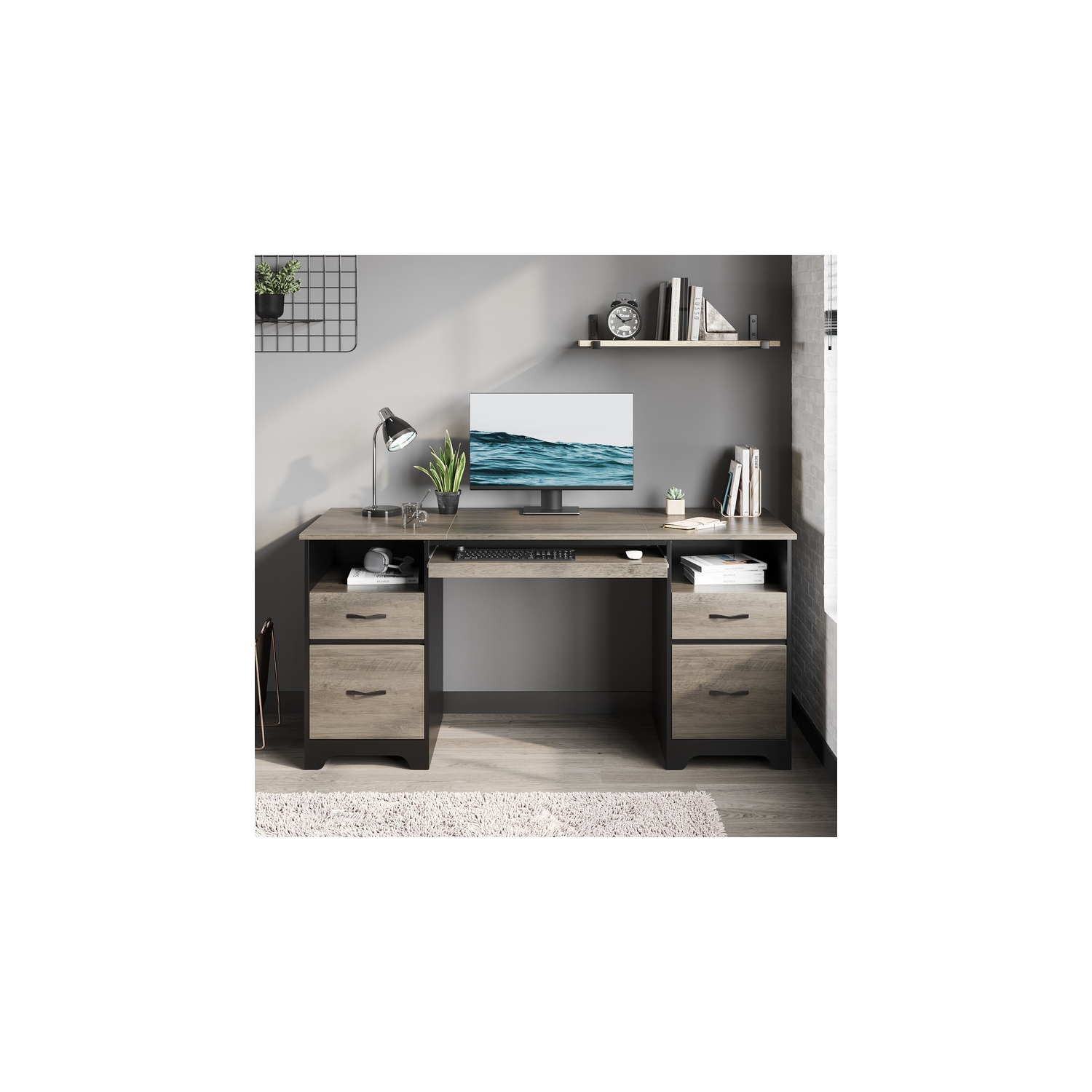 Bestier 59'' Executive Desk with 2 File and Storage Drawers, Computer Desk with Keyboard Tray and 2 Open Compartments