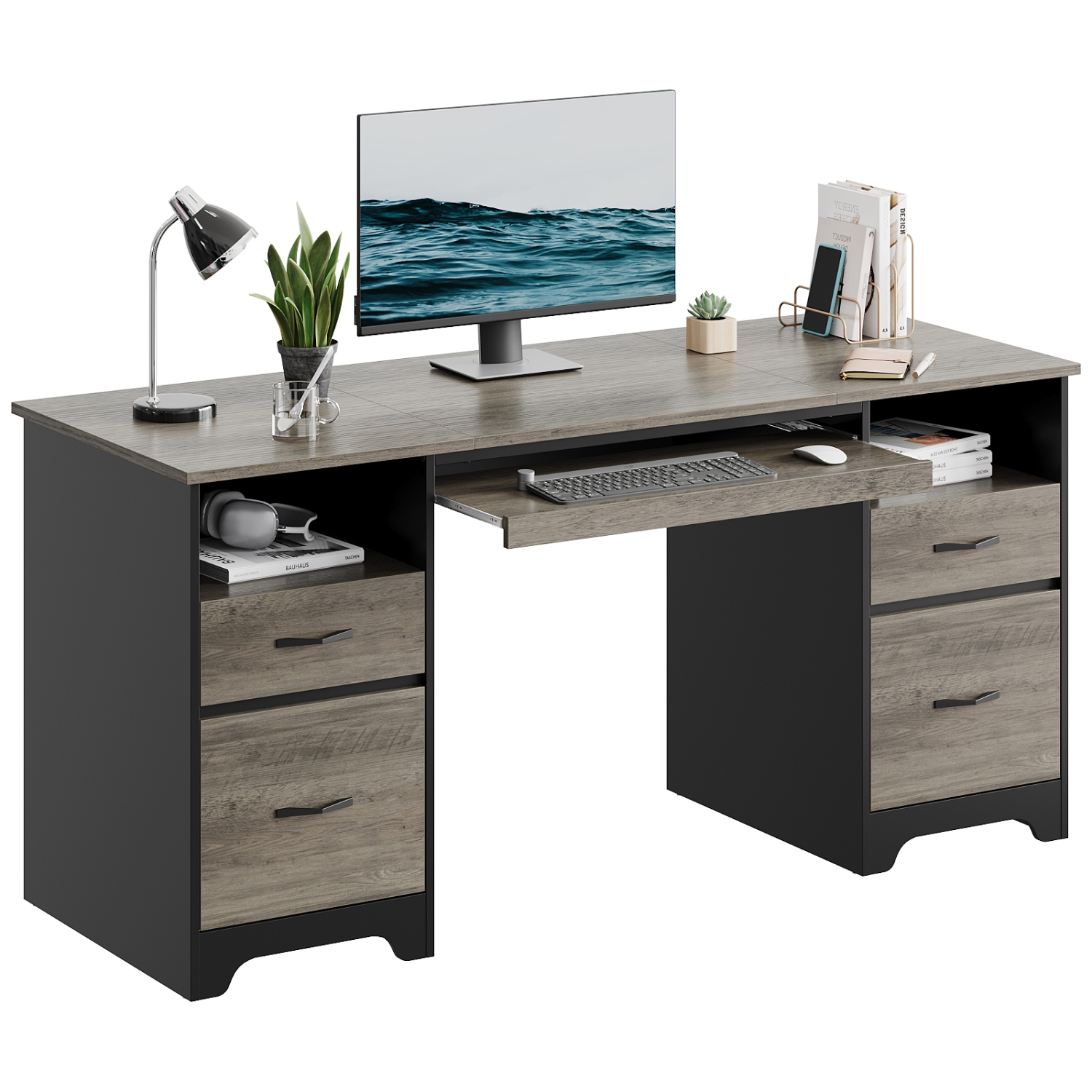 Bestier 59'' Executive Desk with 2 File and Storage Drawers, Computer Desk with Keyboard Tray and 2 Open Compartments