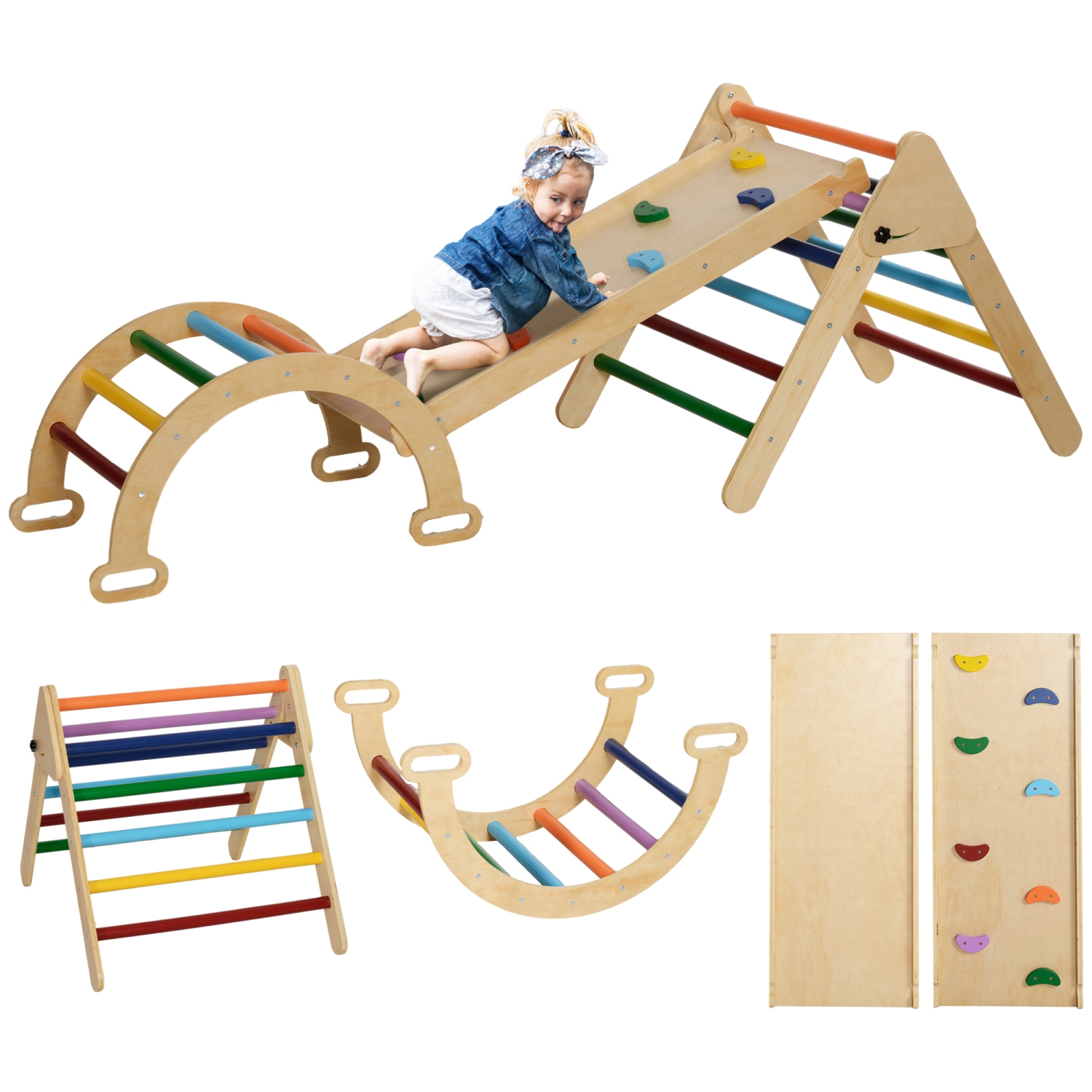Qaba Pikler Triangle Set, 5 in 1 Climbing Toys for Toddlers, Indoor Baby Jungle Gym with Ladder, Ramp, Arch, for Climbing, Sliding, for 18-48 Months,