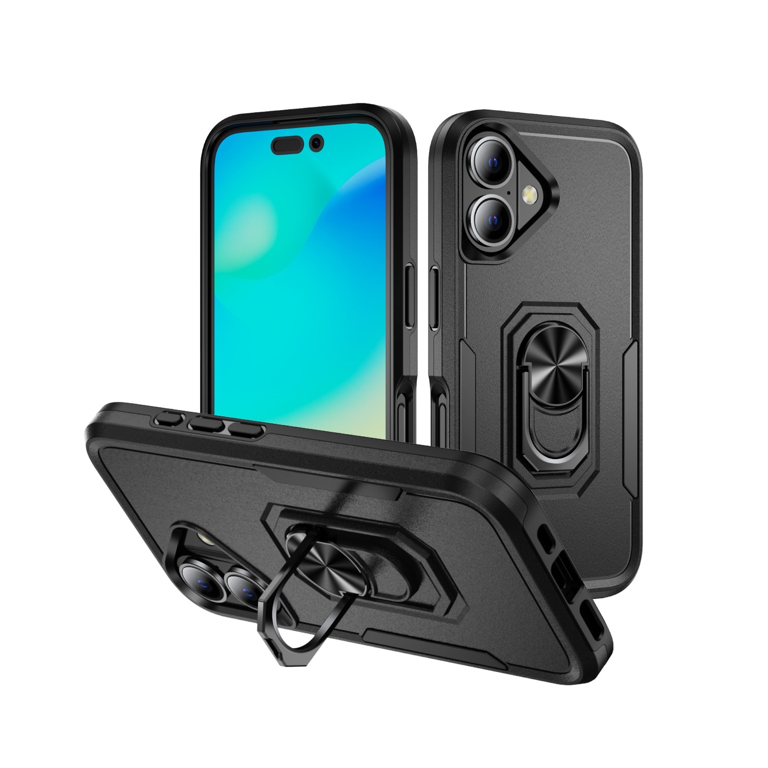 [CS] Dual Layers Heavy Duty Magnetic Hard Kickstand Case with Ring Holder for iPhone 16 Plus, Black