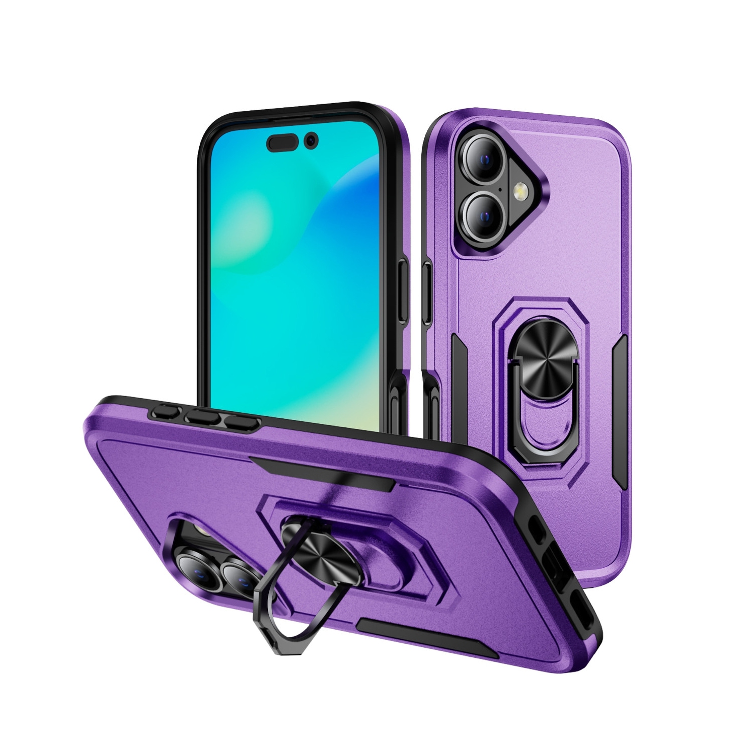 [CS] Dual Layers Heavy Duty Magnetic Hard Kickstand Case with Ring Holder for iPhone 16 Plus, Purple