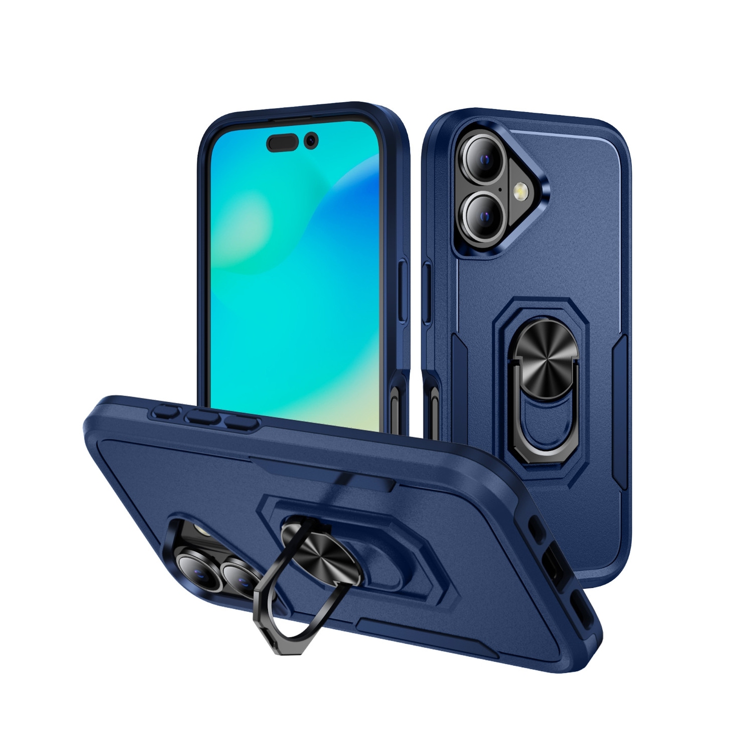 [CS] Dual Layers Heavy Duty Magnetic Hard Kickstand Case with Ring Holder for iPhone 16 Plus, Navy