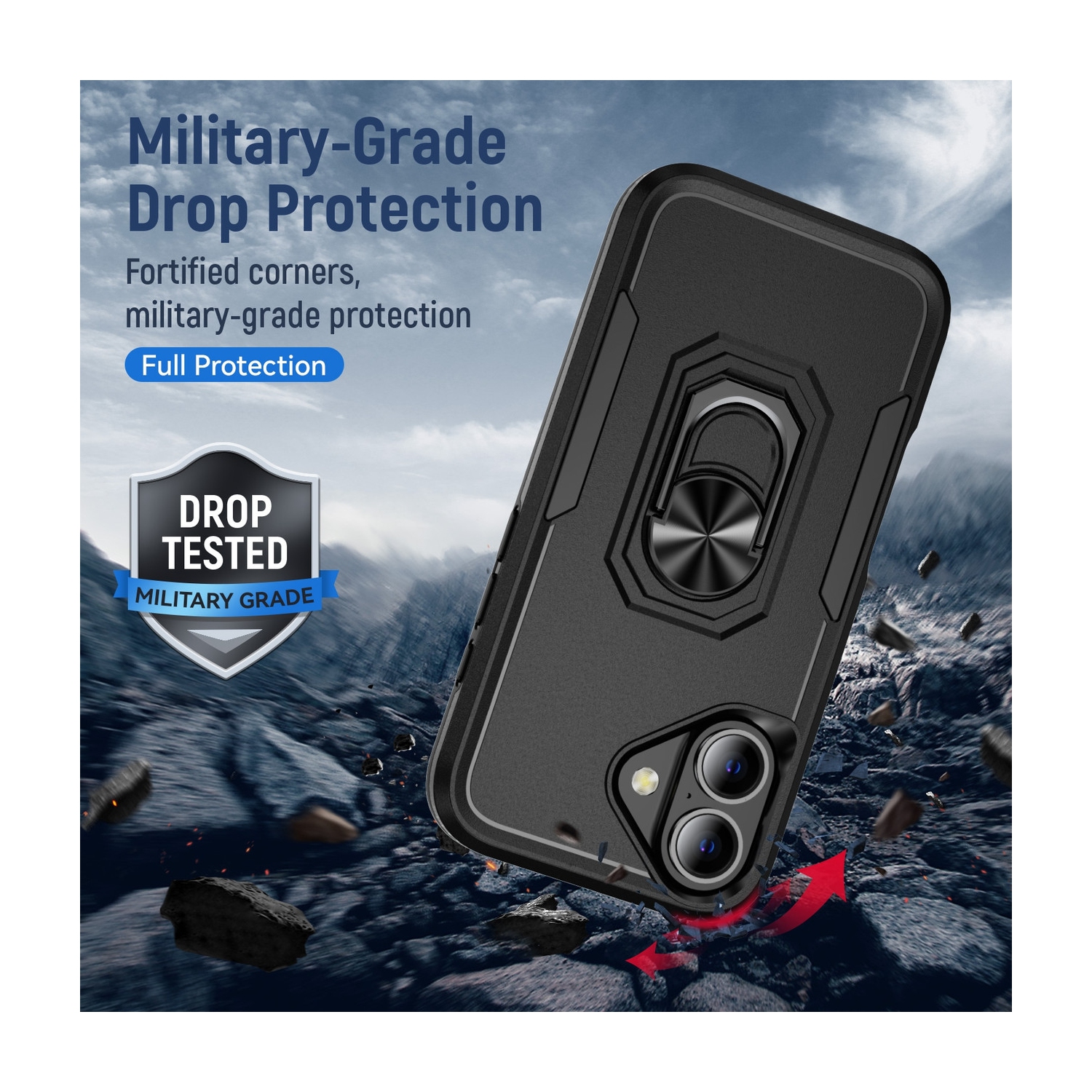 [CS] Dual Layers Heavy Duty Magnetic Hard Kickstand Case with Ring Holder for iPhone 16 Plus, Navy