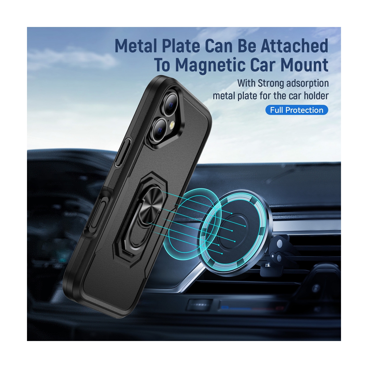[CS] Dual Layers Heavy Duty Magnetic Hard Kickstand Case with Ring Holder for iPhone 16 Plus, Navy