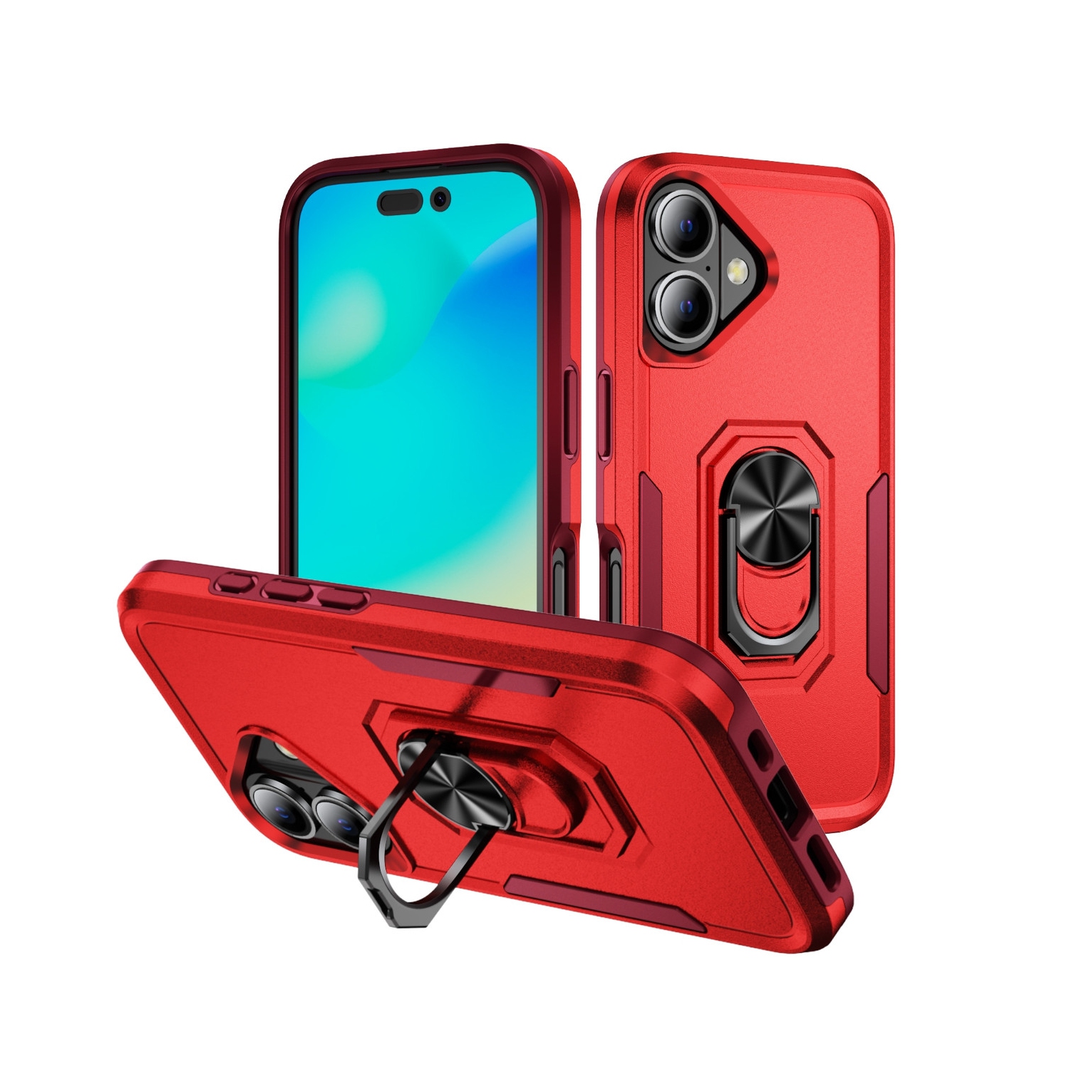 [CS] Dual Layers Heavy Duty Magnetic Hard Kickstand Case with Ring Holder for iPhone 16 Plus, Red