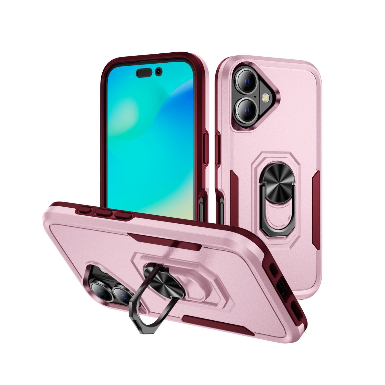 [CS] Dual Layers Heavy Duty Magnetic Hard Kickstand Case with Ring Holder for iPhone 16 Plus, Light Pink