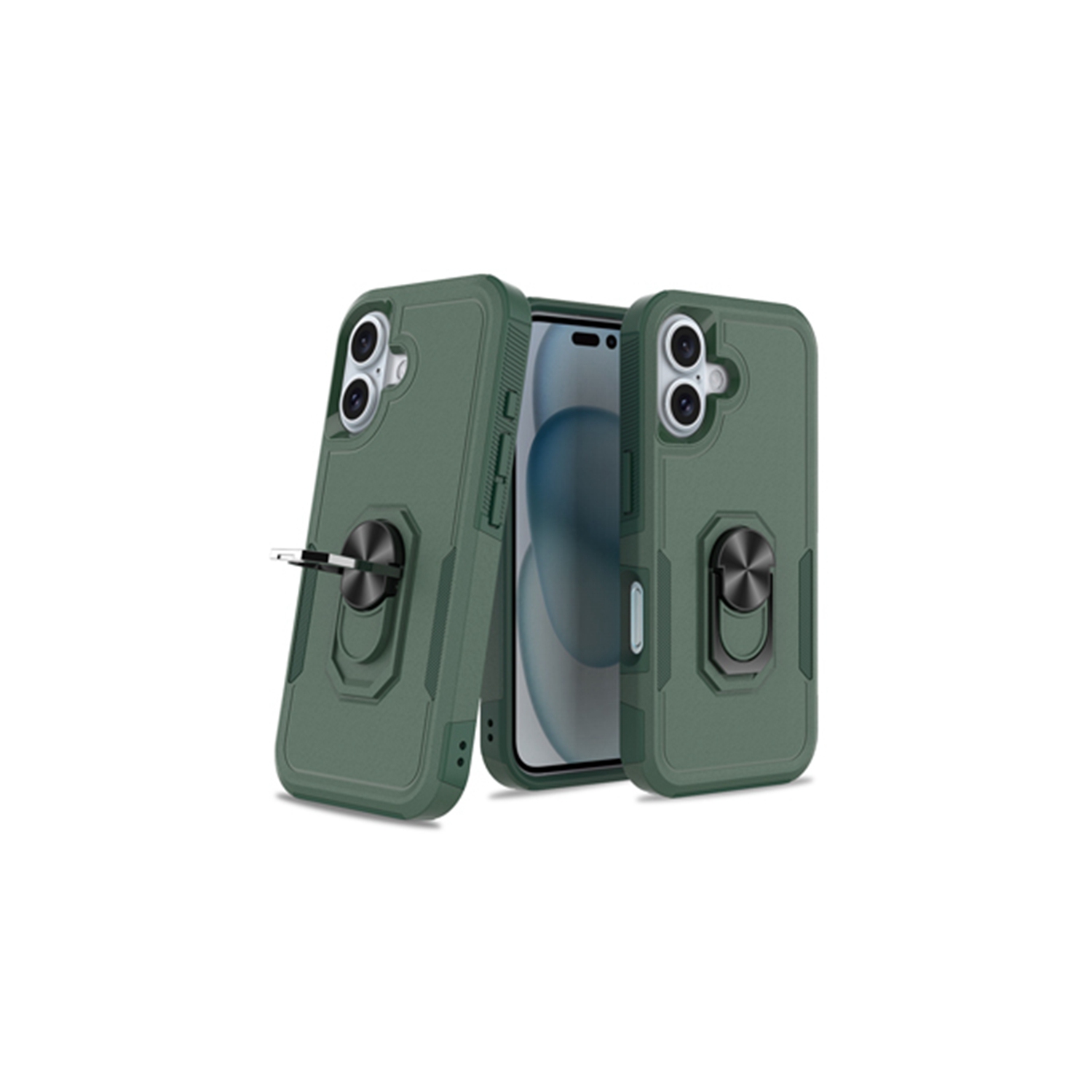 [CS] Dual Layers Heavy Duty Magnetic Hard Kickstand Case with Ring Holder for iPhone 16 Plus, Green