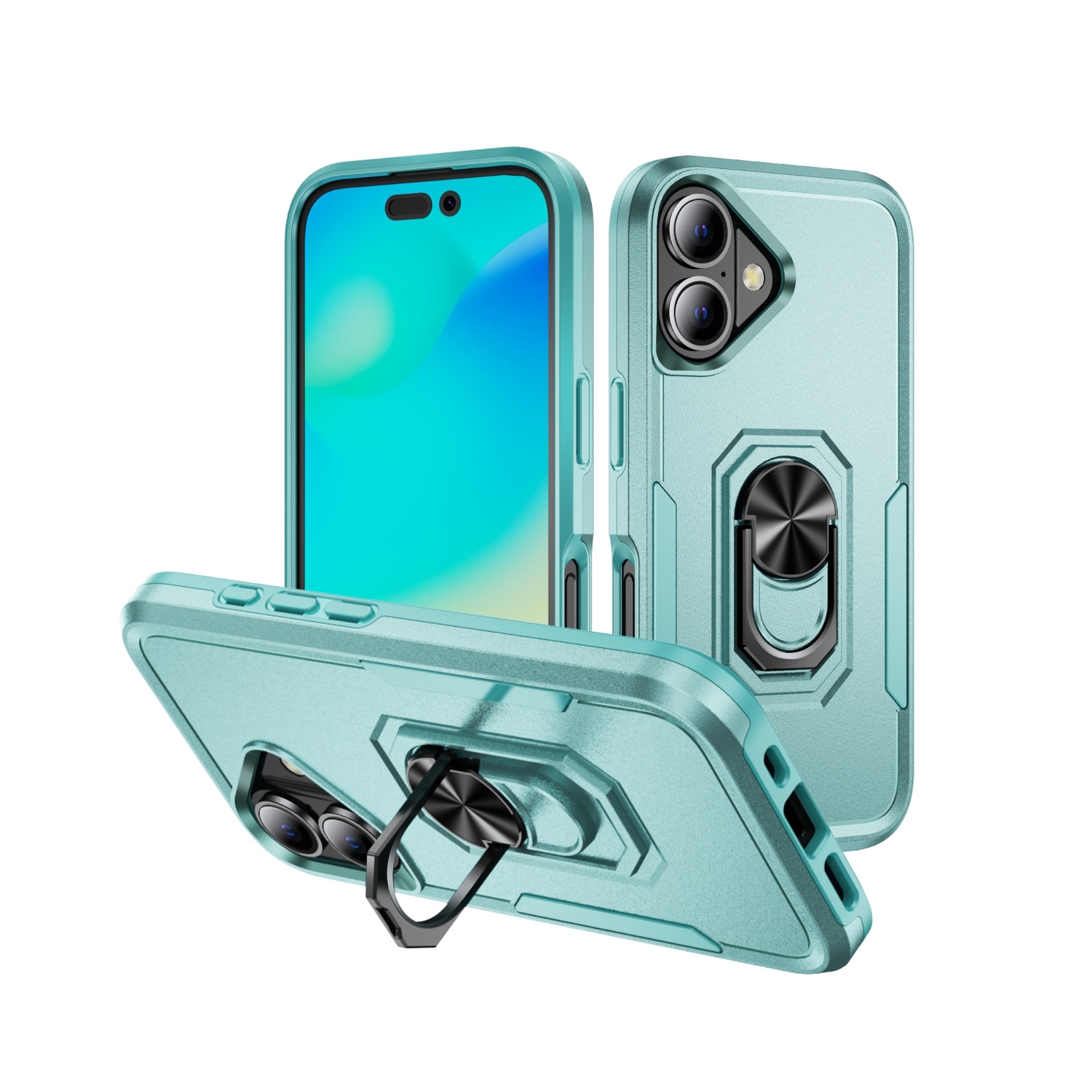 [CS] Dual Layers Heavy Duty Magnetic Hard Kickstand Case with Ring Holder for iPhone 16 Plus, Teal