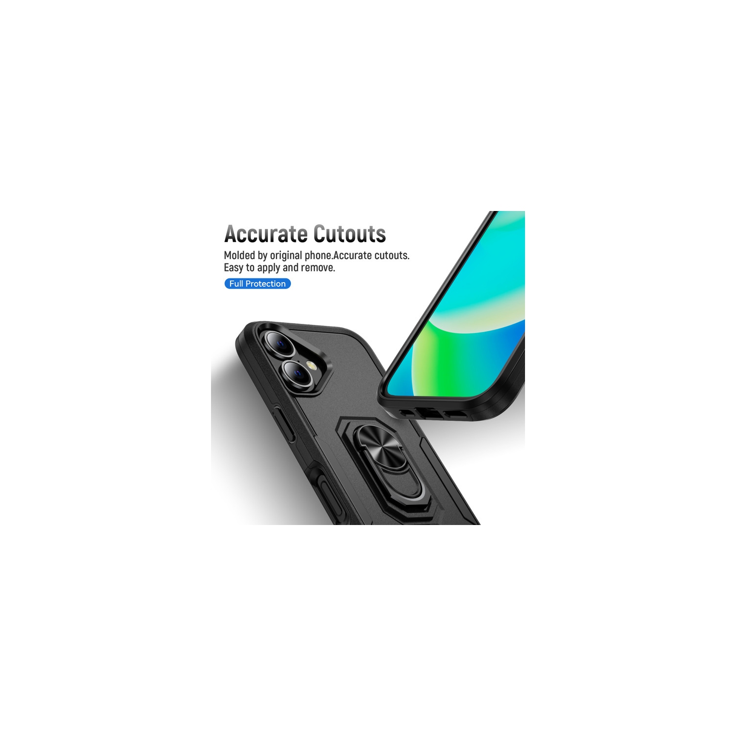 [CS] Dual Layers Heavy Duty Magnetic Hard Kickstand Case with Ring Holder for iPhone 16 Plus, Teal