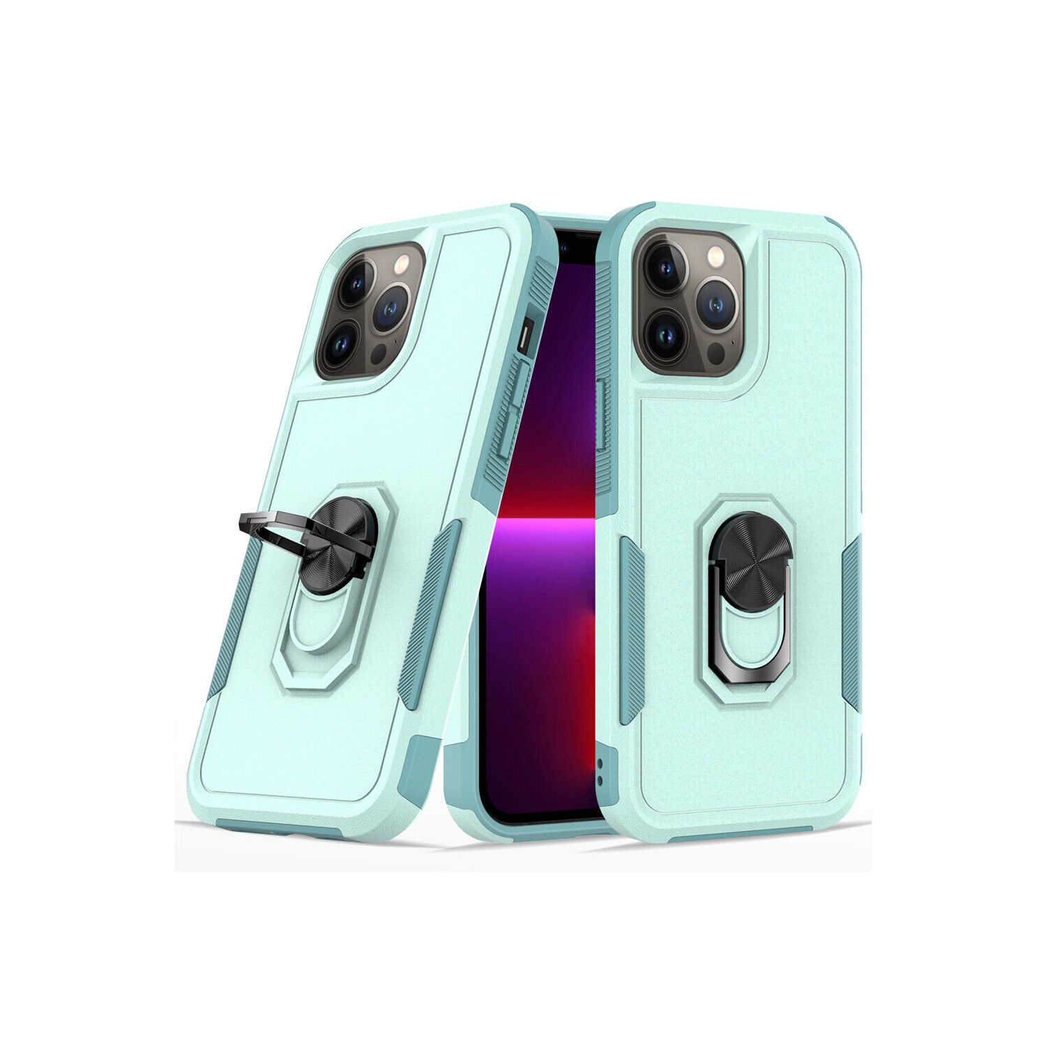 [CS] Dual Layers Heavy Duty Magnetic Hard Kickstand Case with Ring Holder for iPhone 16 Pro Max, Teal