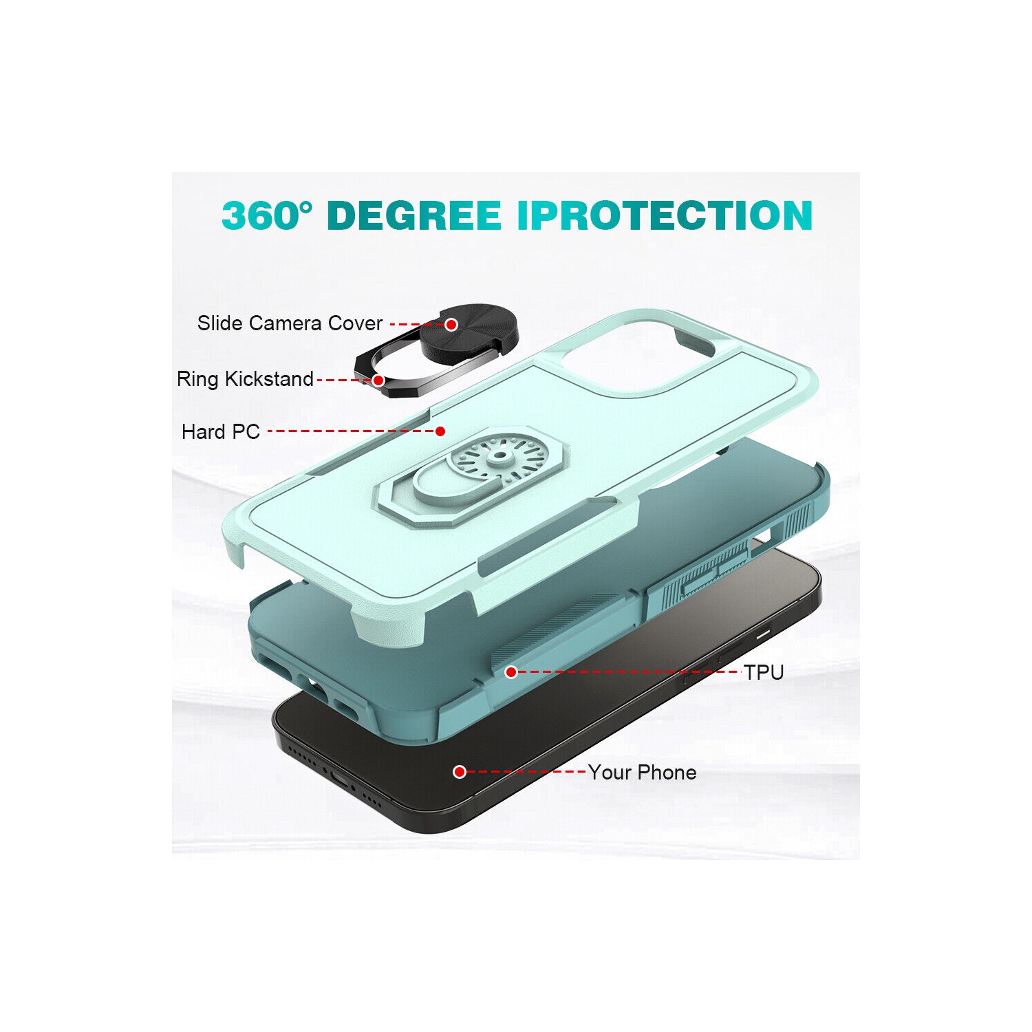 [CS] Dual Layers Heavy Duty Magnetic Hard Kickstand Case with Ring Holder for iPhone 16 Pro Max, Teal