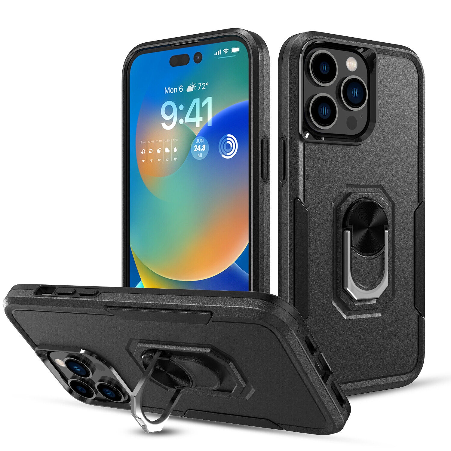 [CS] Dual Layers Heavy Duty Magnetic Hard Kickstand Case with Ring Holder for iPhone 16 Pro Max, Black