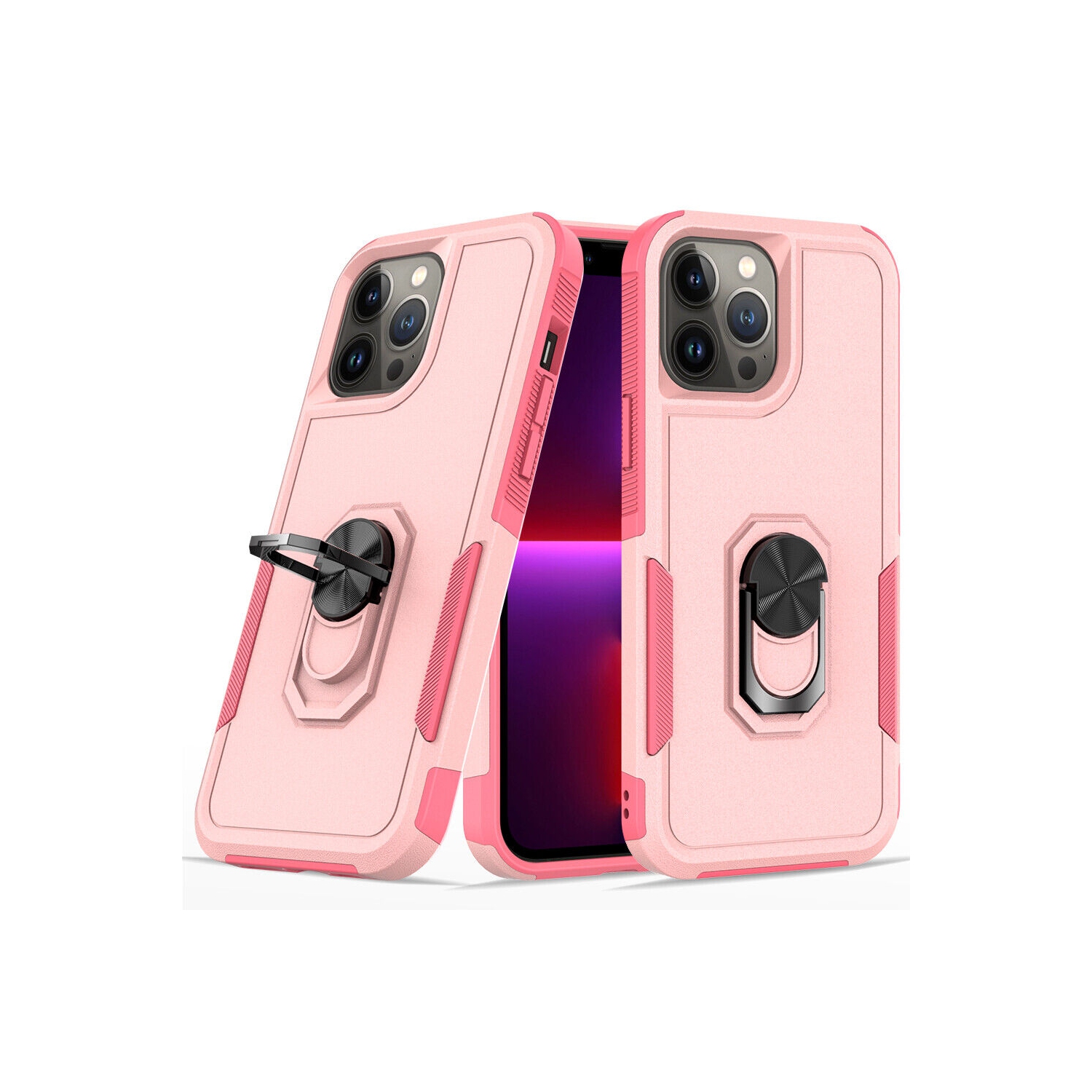 [CS] Dual Layers Heavy Duty Magnetic Hard Kickstand Case with Ring Holder for iPhone 16 Pro Max, Light Pink