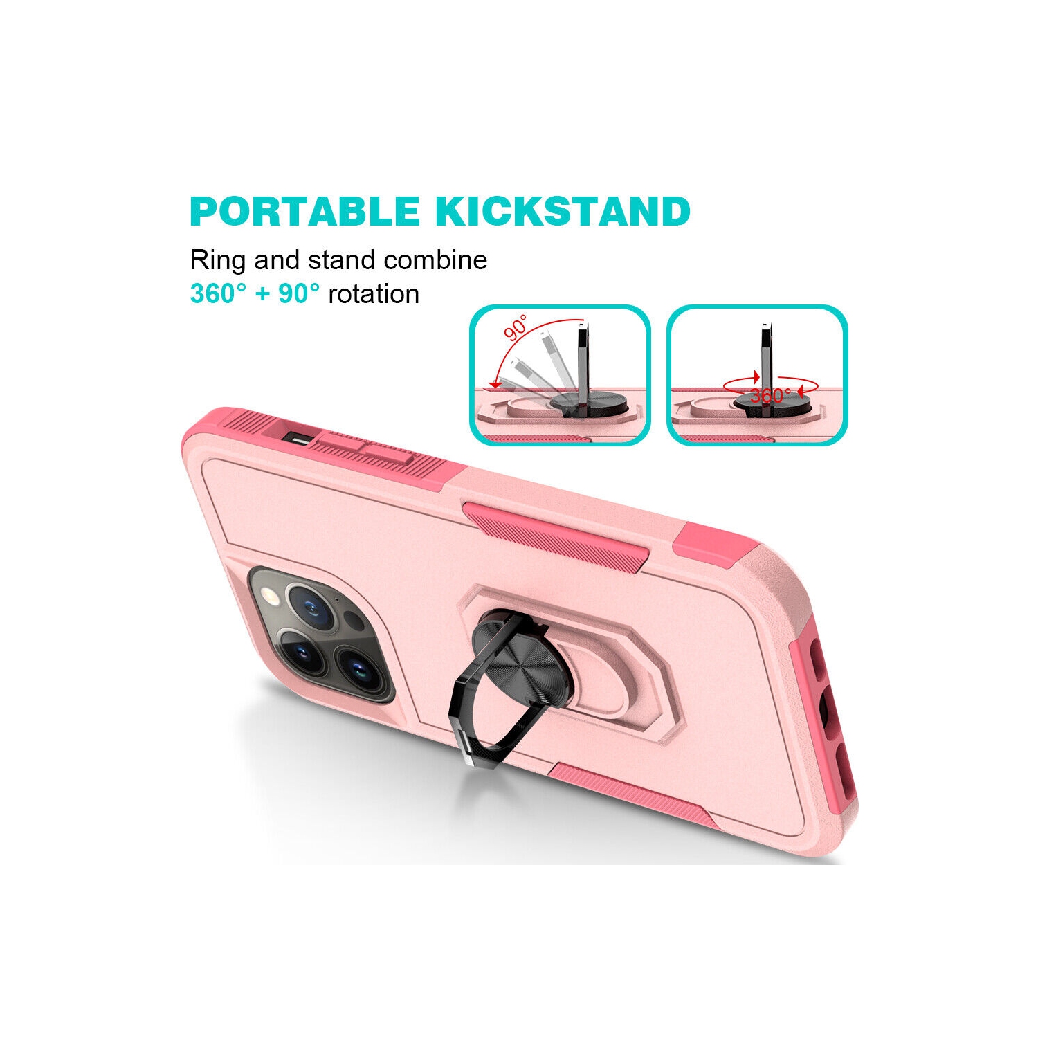 [CS] Dual Layers Heavy Duty Magnetic Hard Kickstand Case with Ring Holder for iPhone 16 Pro Max, Light Pink