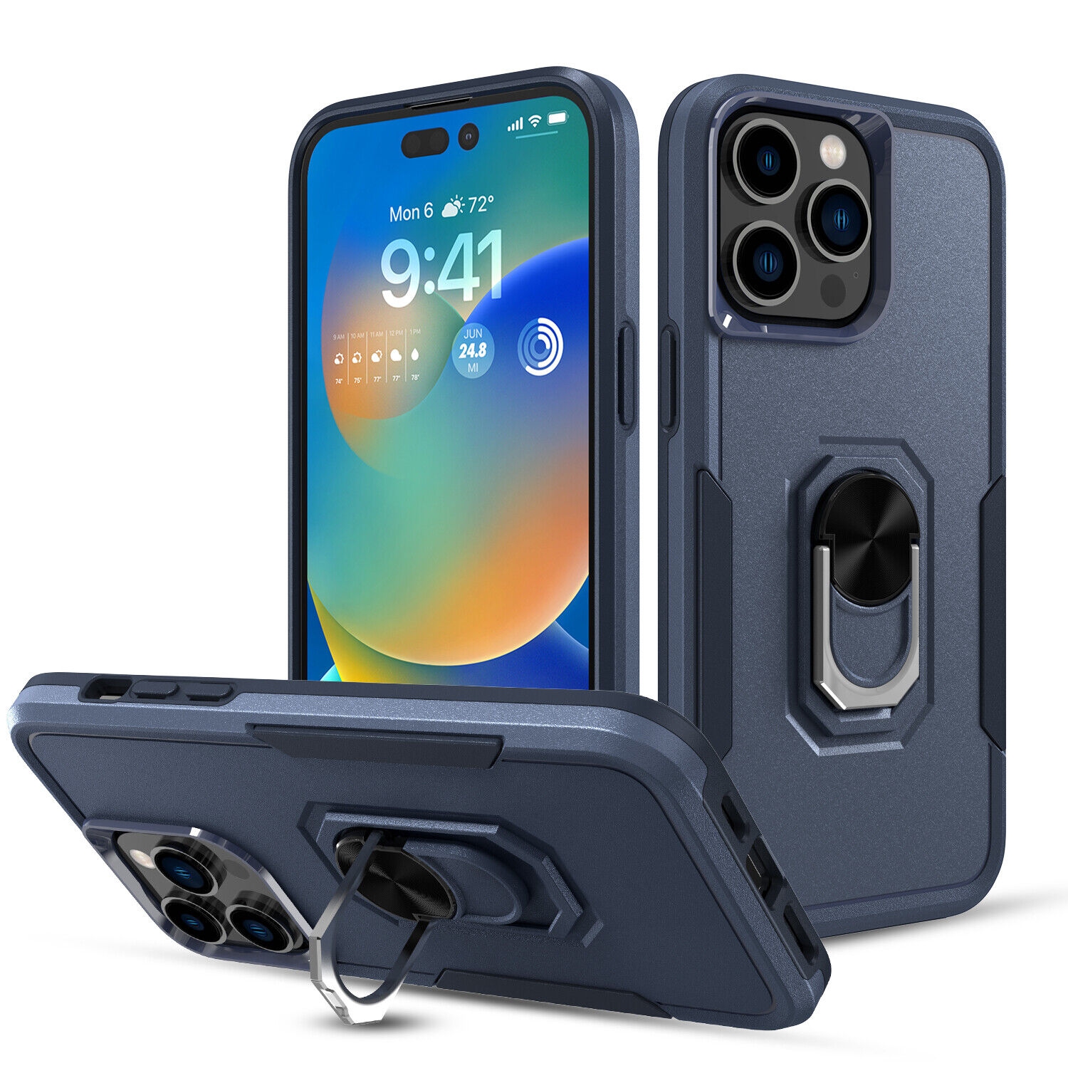 [CS] Dual Layers Heavy Duty Magnetic Hard Kickstand Case with Ring Holder for iPhone 16 Pro, Navy