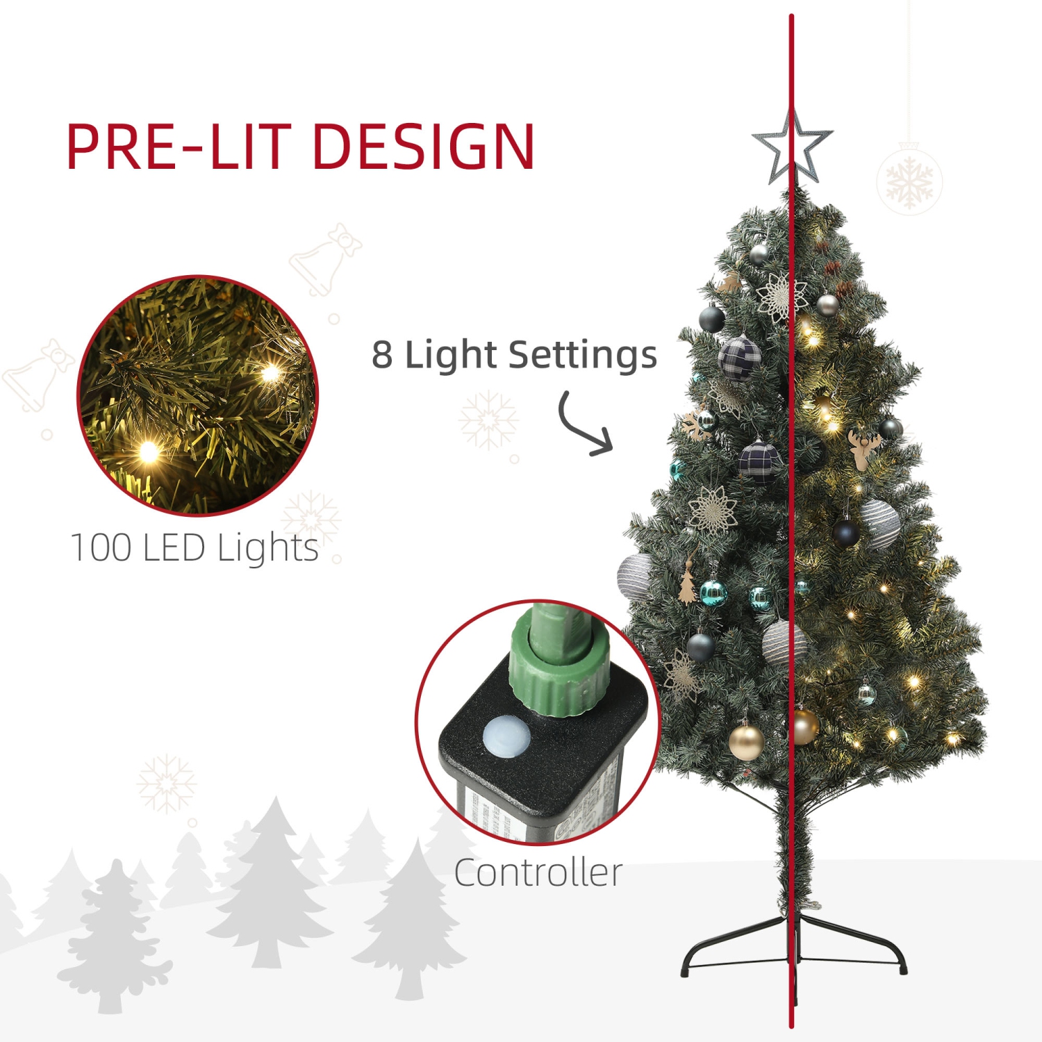HOMCOM 5ft Artificial Prelit Christmas Tree with 100 Warm White LED Lights and 353 Tips, Metal Stand, Xmas Tree for Home Office Holiday, Green