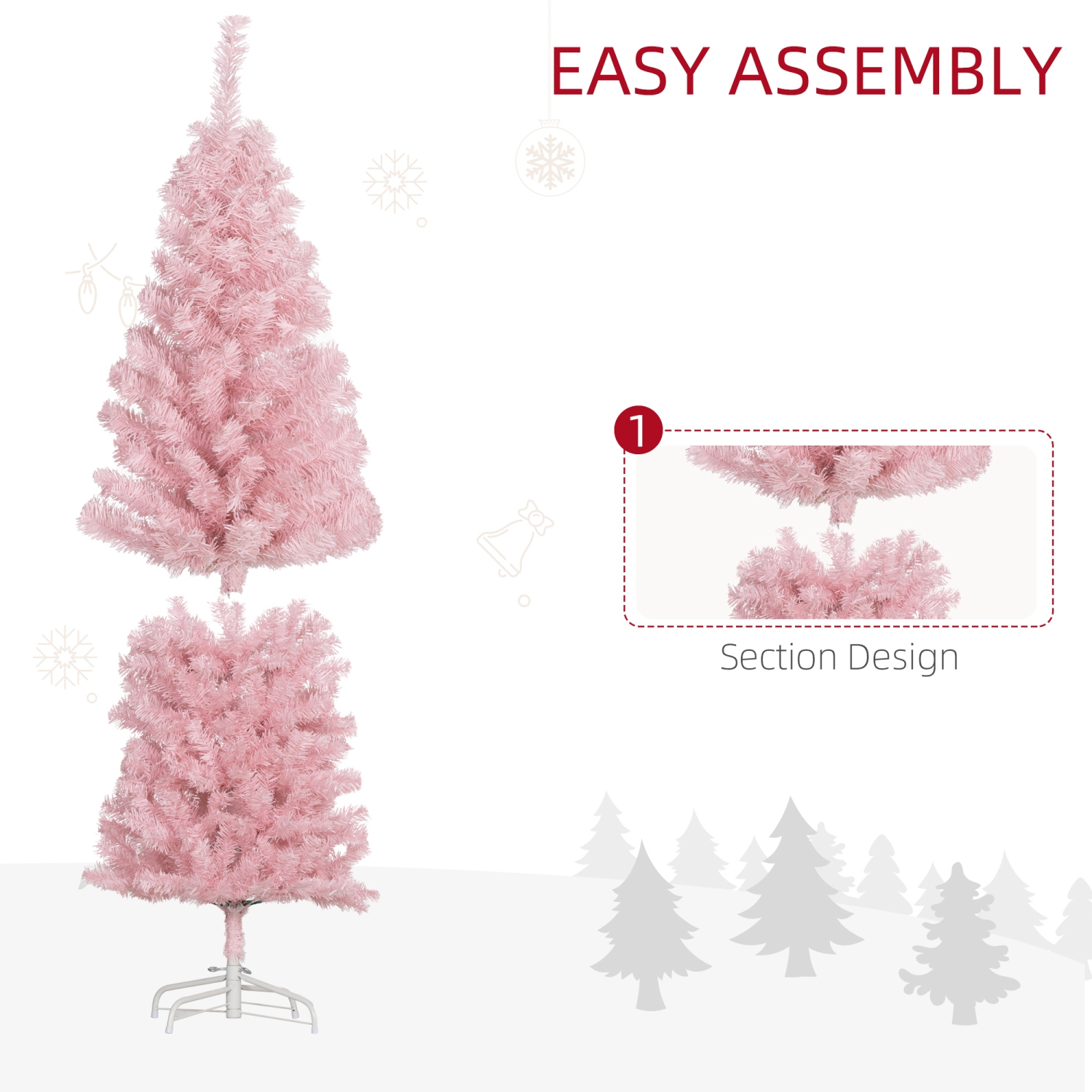 HOMCOM – 5FT Arbre de Noël artificiel Noël Noël décoration arbre de Noël avec ouverture automatique pour la fête à domicile, rose
