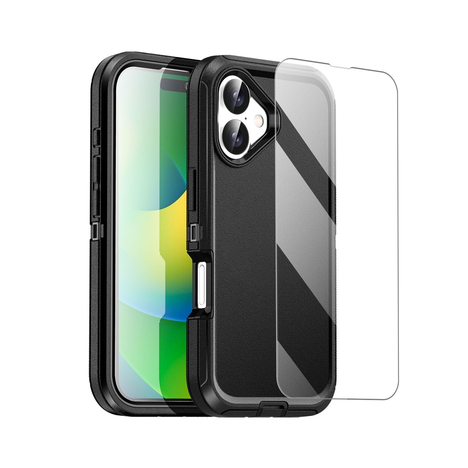 iPhone 16 Case with Glass Screen Protector, Heavy Duty Rugged Shockproof/Drop/Dust Proof 3-Layer Full Body Protective Tough Durable Phone Cover, Black