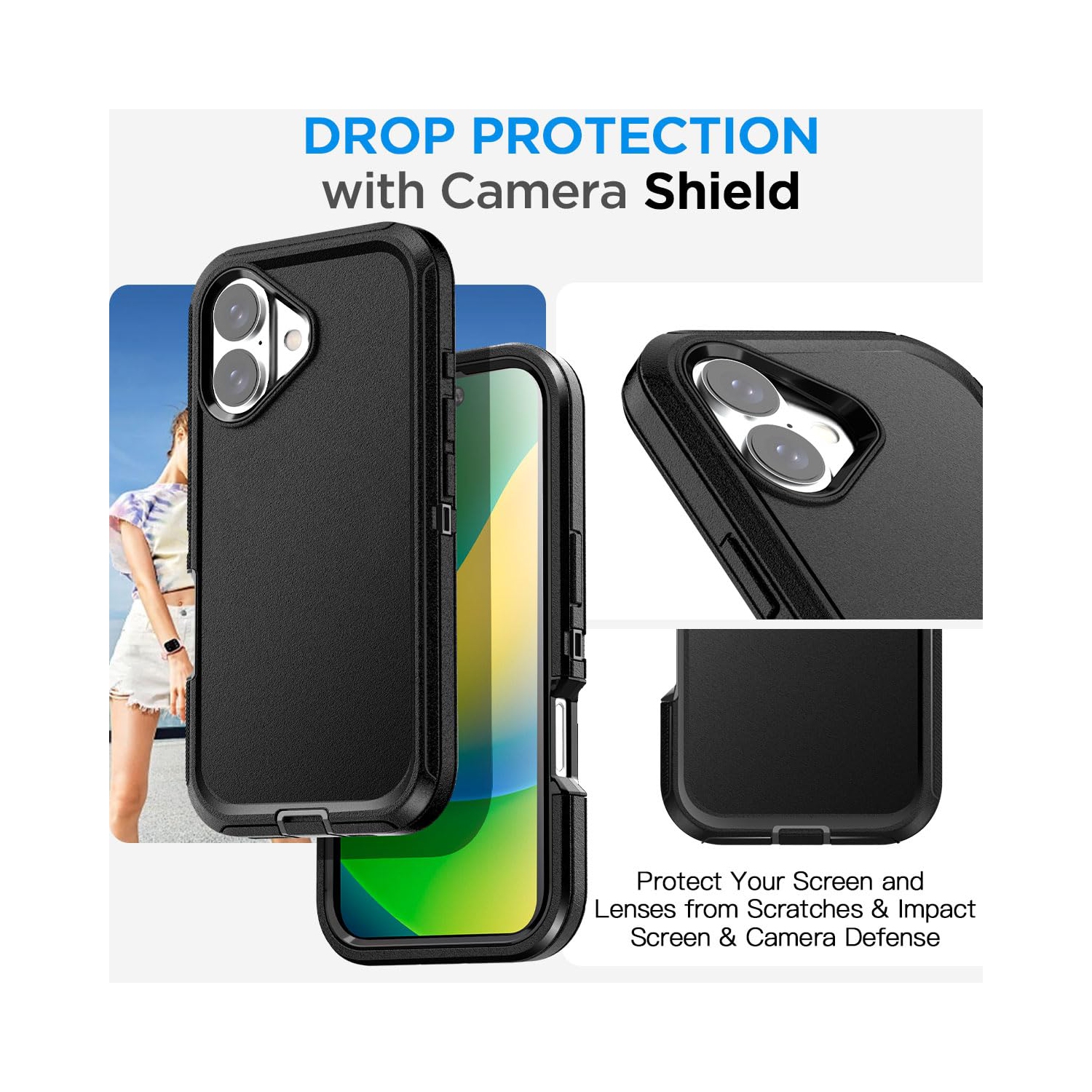 iPhone 16 Case with Glass Screen Protector, Heavy Duty Rugged Shockproof/Drop/Dust Proof 3-Layer Full Body Protective Tough Durable Phone Cover, Black