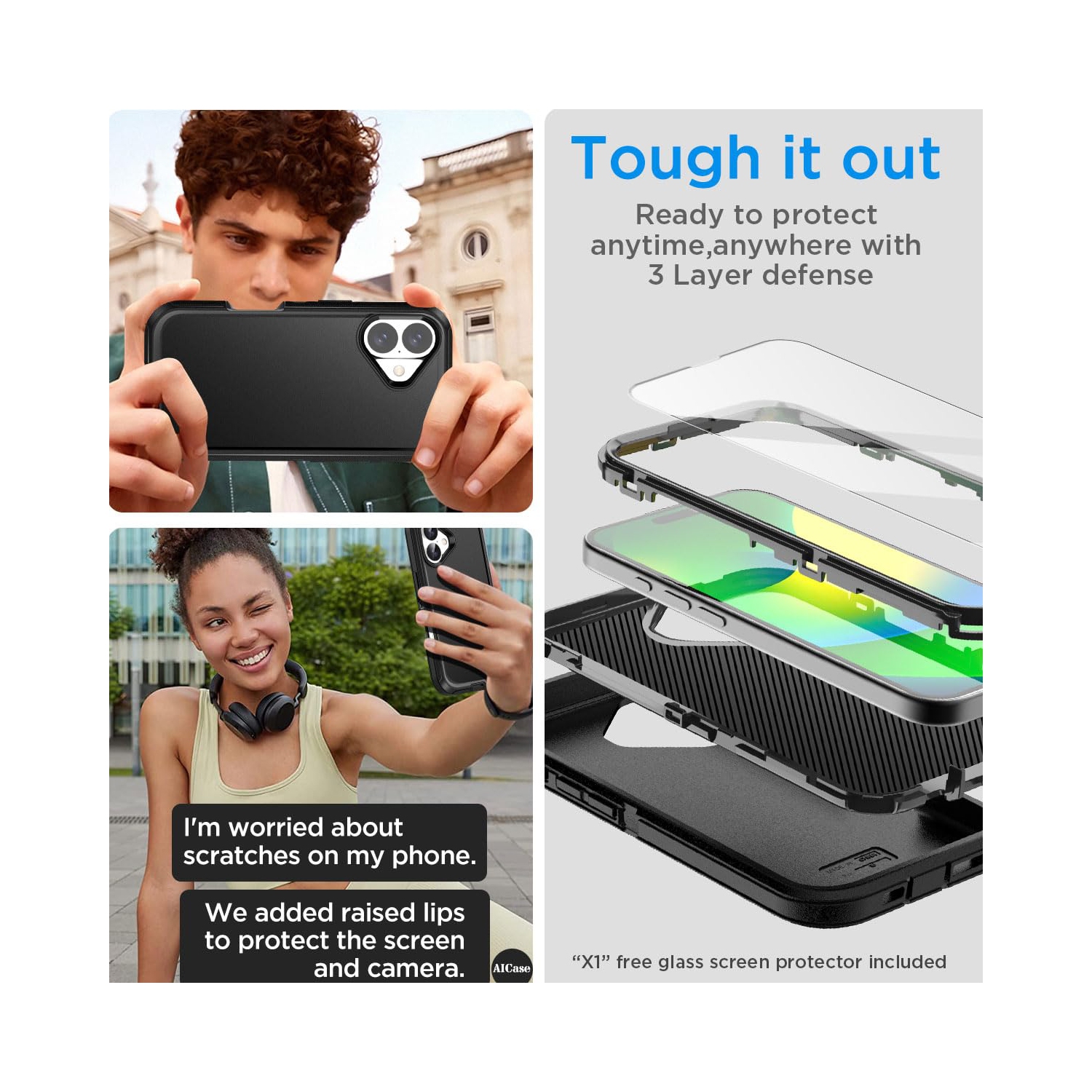 iPhone 16 Case with Glass Screen Protector, Heavy Duty Rugged Shockproof/Drop/Dust Proof 3-Layer Full Body Protective Tough Durable Phone Cover, Black