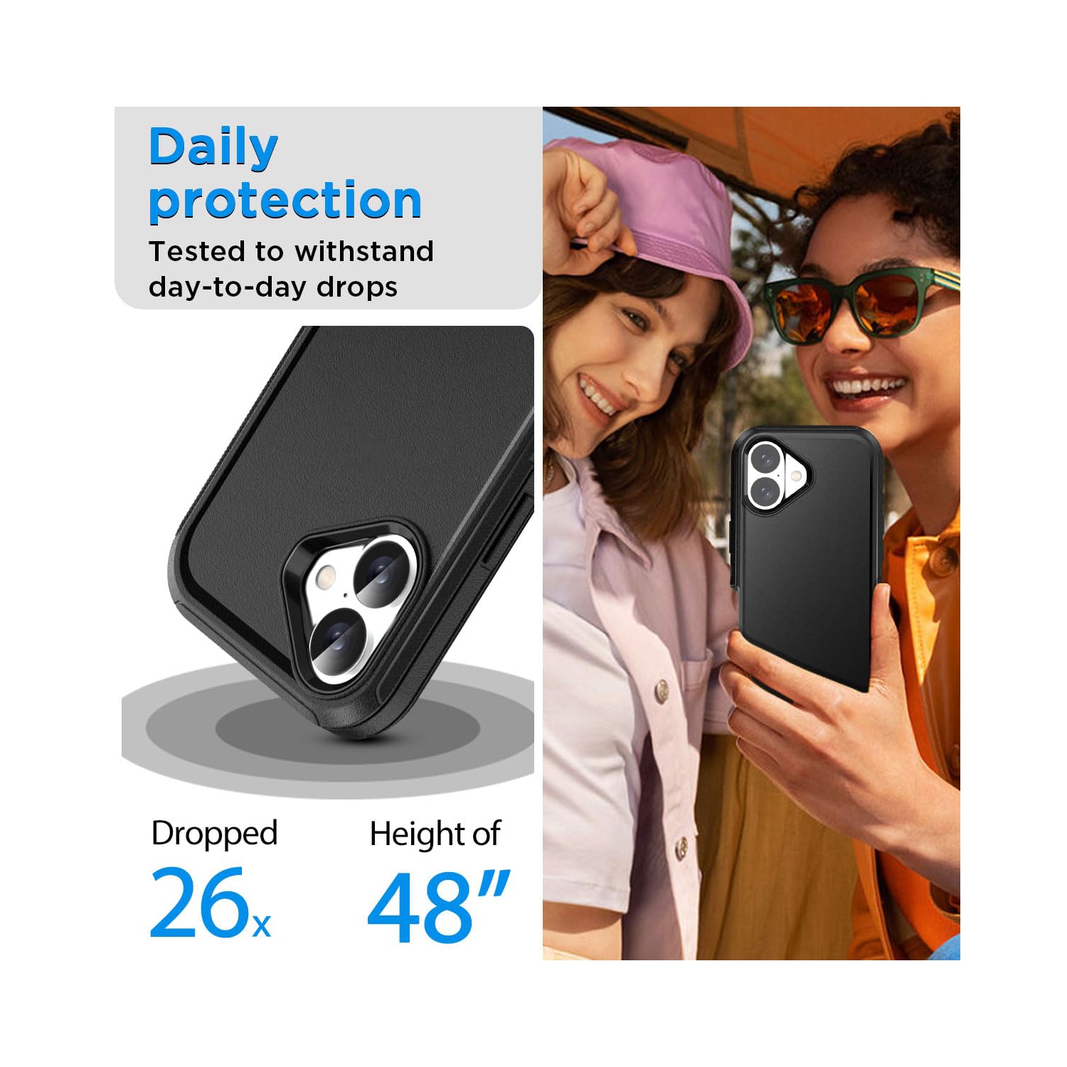 iPhone 16 Case with Glass Screen Protector, Heavy Duty Rugged Shockproof/Drop/Dust Proof 3-Layer Full Body Protective Tough Durable Phone Cover, Black