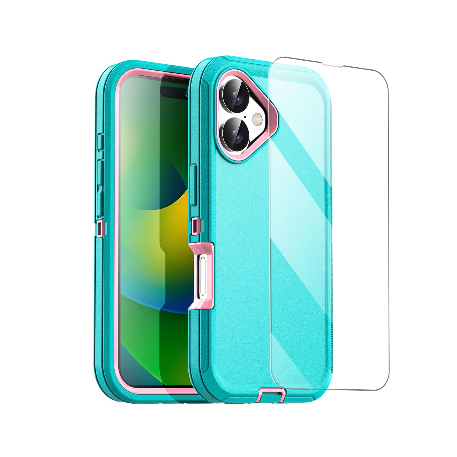 iPhone – Étui 16 avec protecteur d’écran en verre, robuste, antichoc, résistant à la poussière, 3 couches, protecteur intégral, robuste, durable,