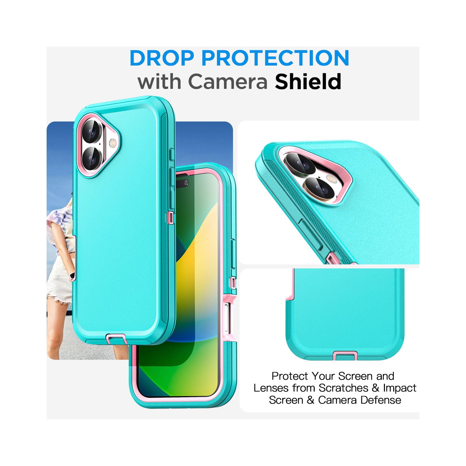 iPhone – Étui 16 avec protecteur d’écran en verre, robuste, antichoc, résistant à la poussière, 3 couches, protecteur intégral, robuste, durable,