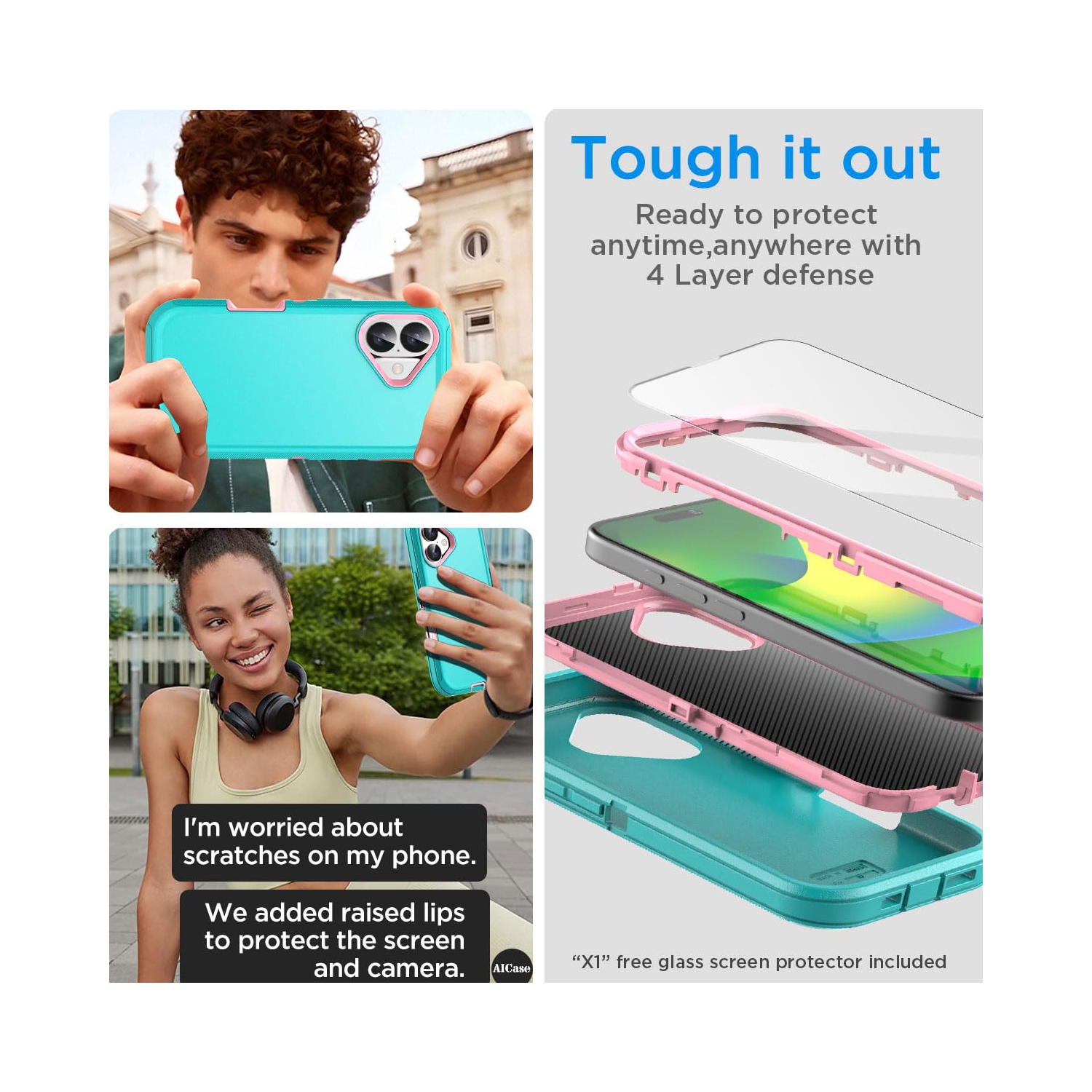 iPhone – Étui 16 avec protecteur d’écran en verre, robuste, antichoc, résistant à la poussière, 3 couches, protecteur intégral, robuste, durable,