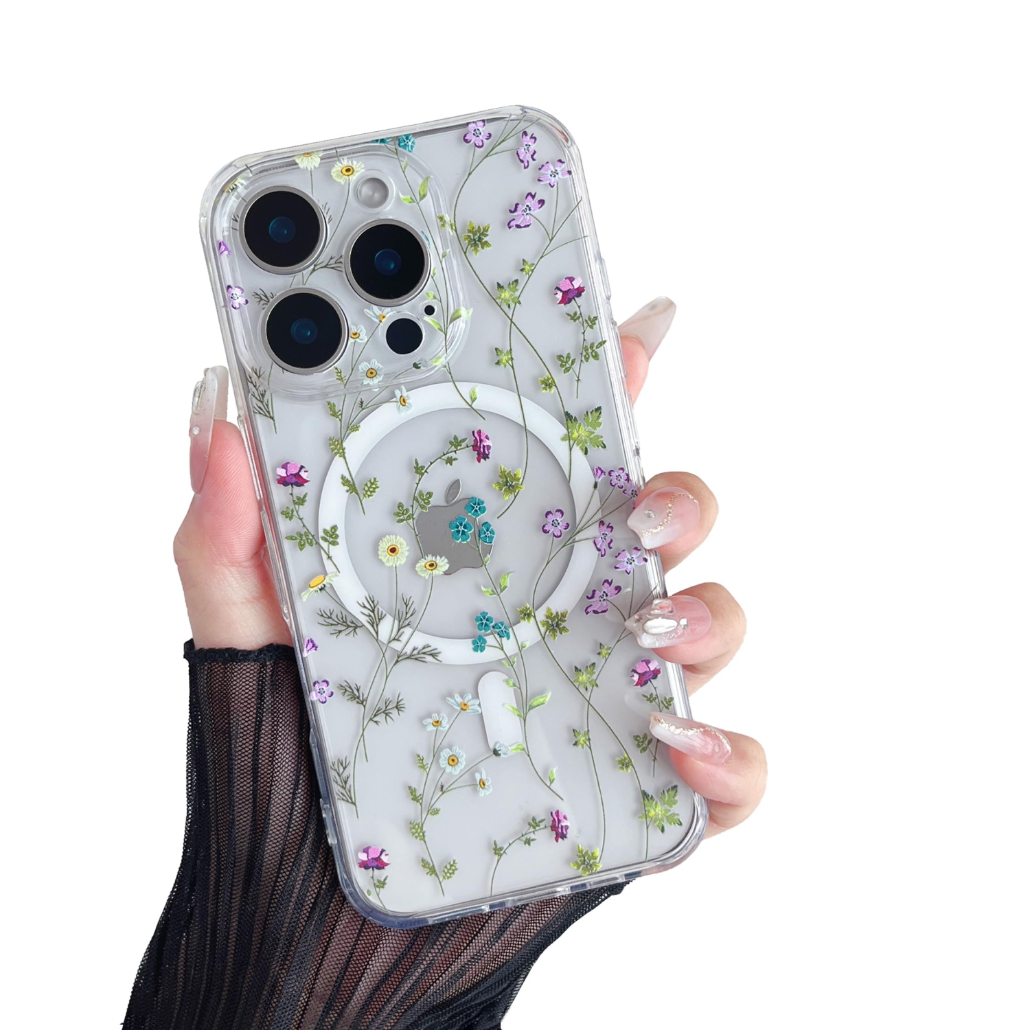 iPhone 16 Pro Case Compatible with MagSafe Clear Floral Case with Flower Branch Pattern for Girls Women Slim Cute Hard Back Shockproof Phone Case for iPhone 16 Pro,Transparent