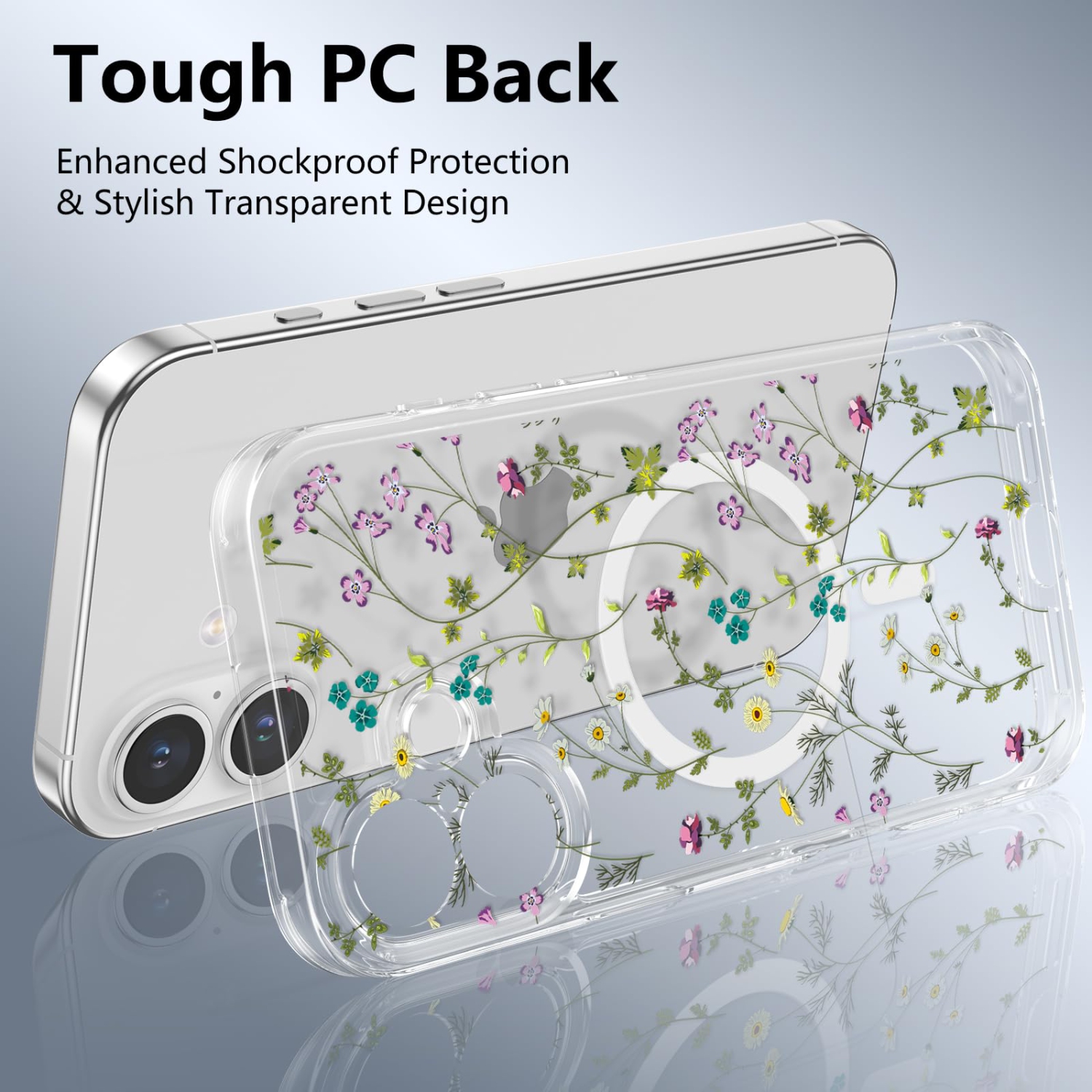 iPhone 16 Plus Case Compatible with MagSafe Clear Floral Case with Flower Branch Pattern for Girls Women Slim Cute Hard Back Shockproof Phone Case