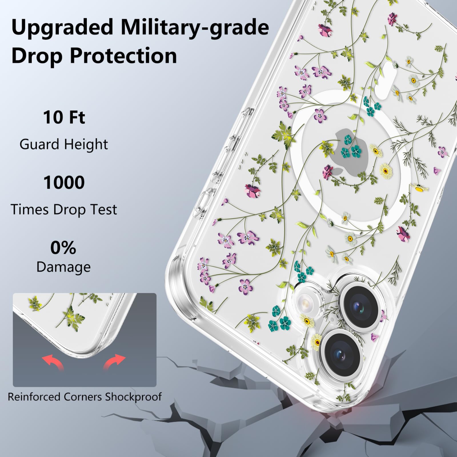 iPhone 16 Plus Case Compatible with MagSafe Clear Floral Case with Flower Branch Pattern for Girls Women Slim Cute Hard Back Shockproof Phone Case