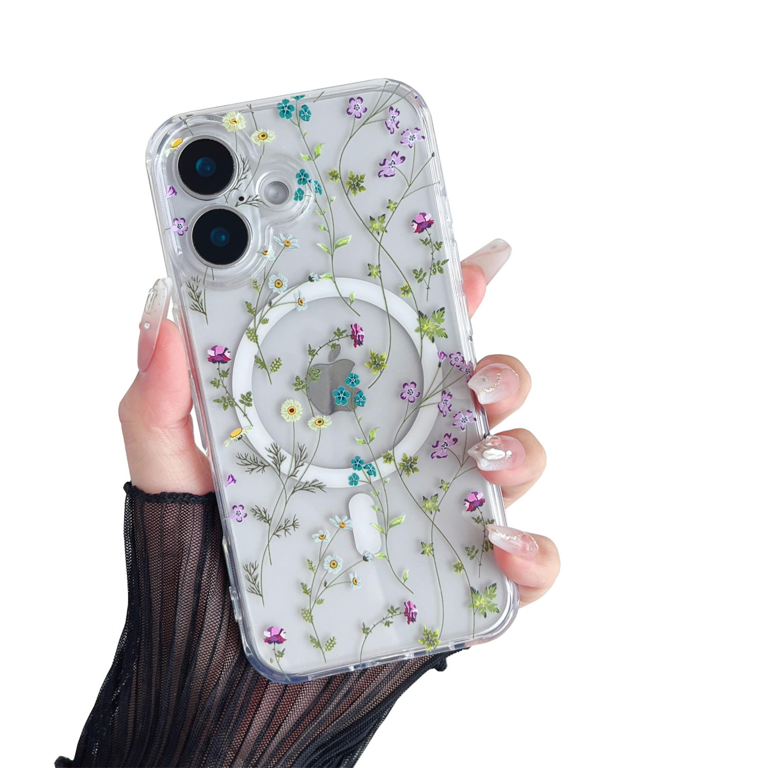 Étui 16 de iPhone compatible avec MagSafe, étui floral transparent avec motif de branche de fleurs pour filles, étui rigide ajusté et mignon pour
