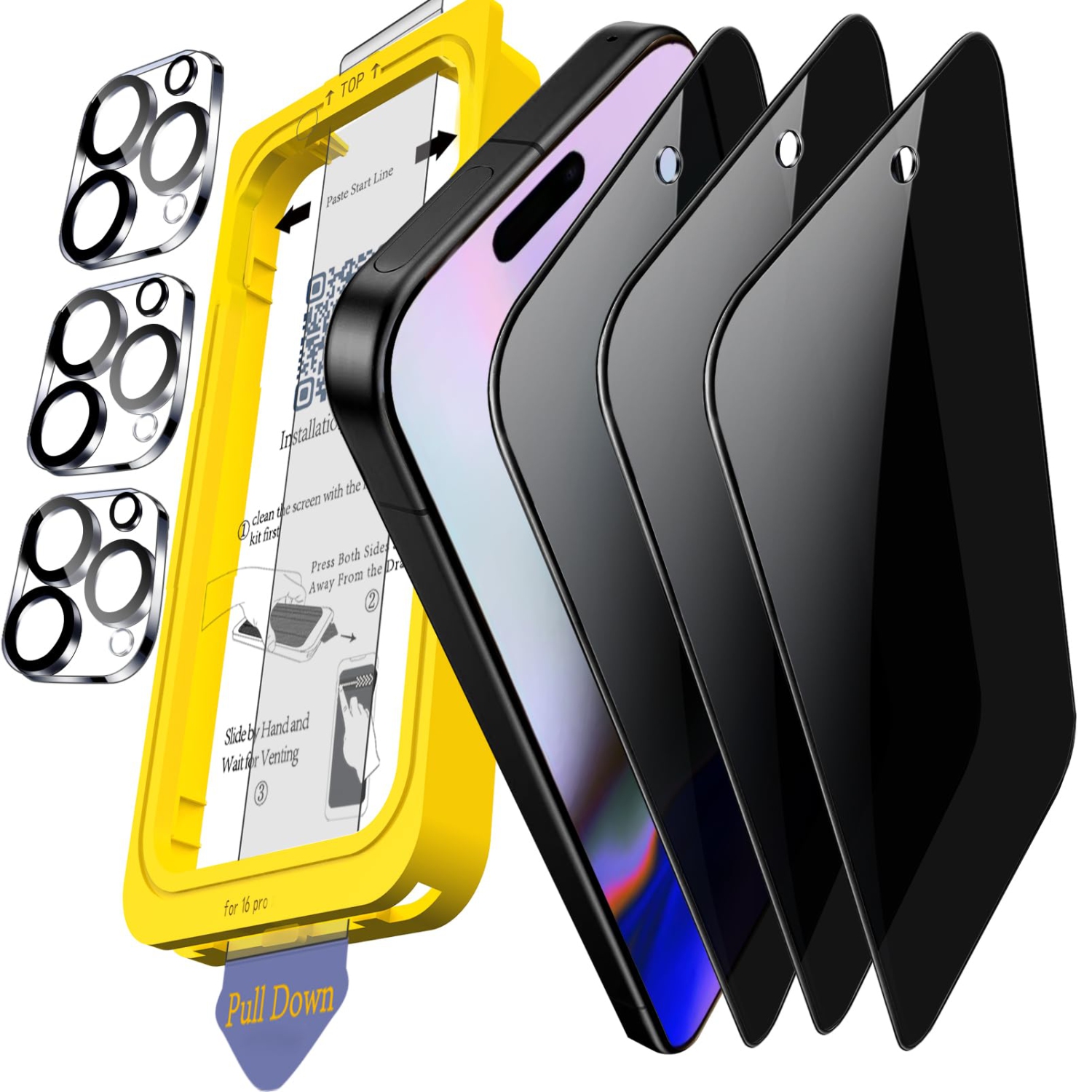 Paquet de 3 protecteurs d'écran de confidentialité pour iPhone 16 Pro, 3 Accessoires pour objectif d'appareil photo en verre trempé pour Apple