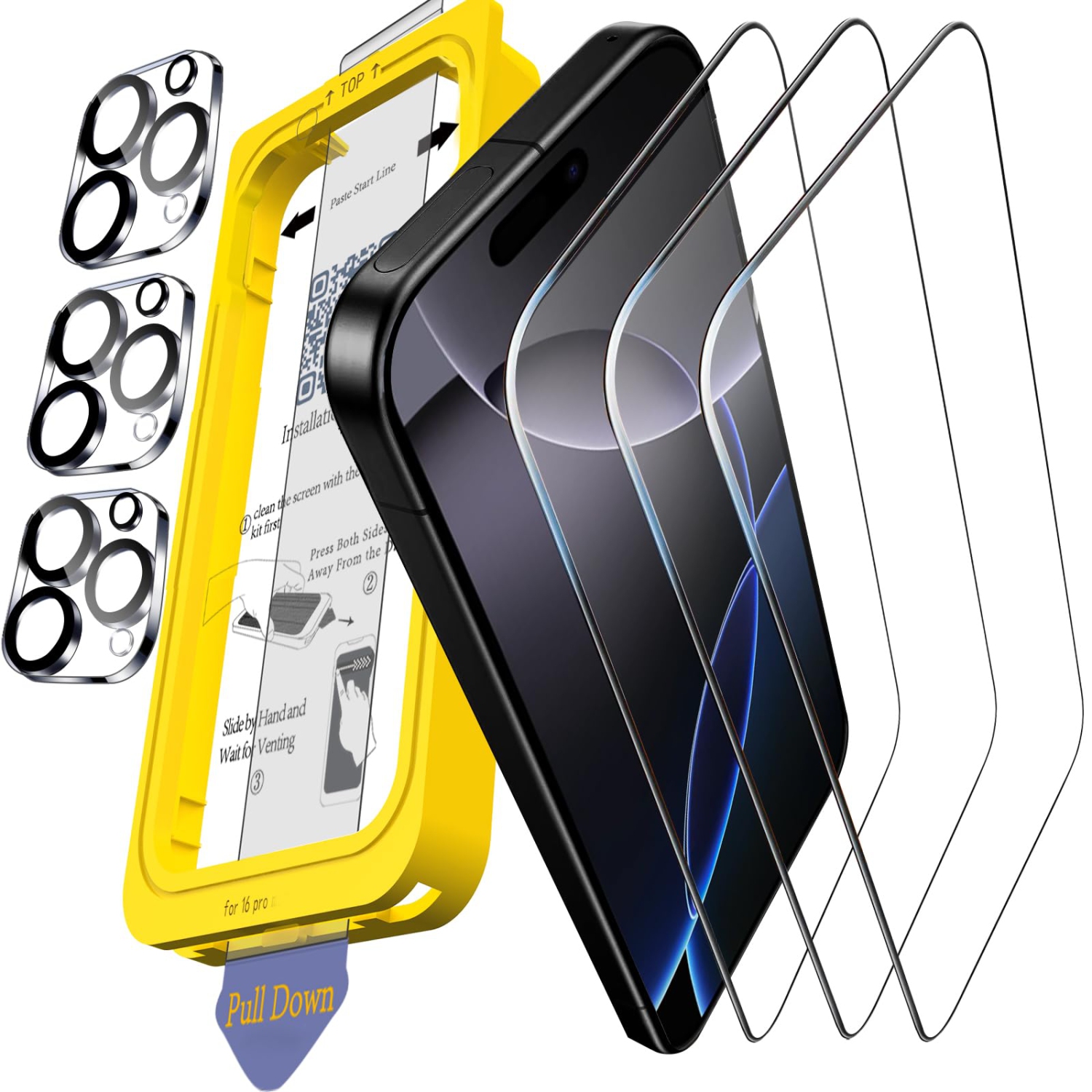 Full Coverage 3 Pack Screen Protector for iPhone 16 Pro Phone Case fit , 3 Tempered Glass Camera Lens Protector Accessories for Apple